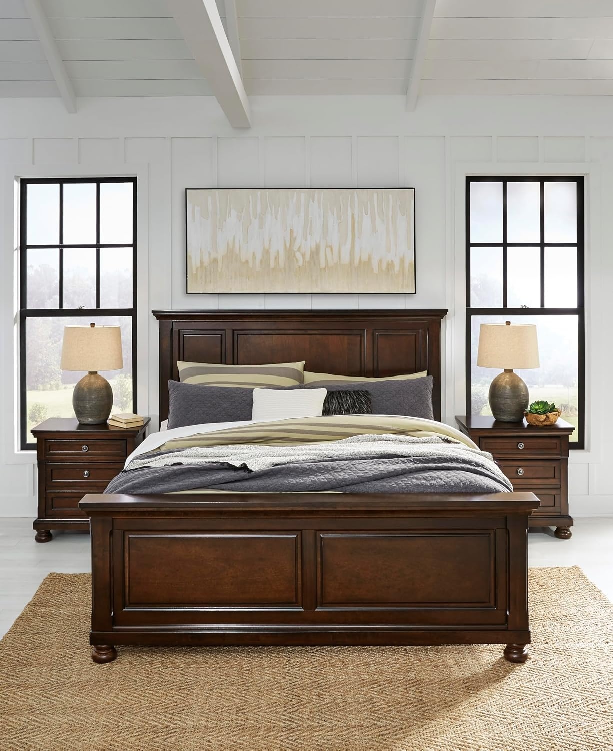 image:imageSignature Design by Ashley Robbinsdale Mirrored Vanity with Bench 52 Inch Antique White Makeup Desk Casual Wood Dressing Table for Bedroom StorageRustic Brown