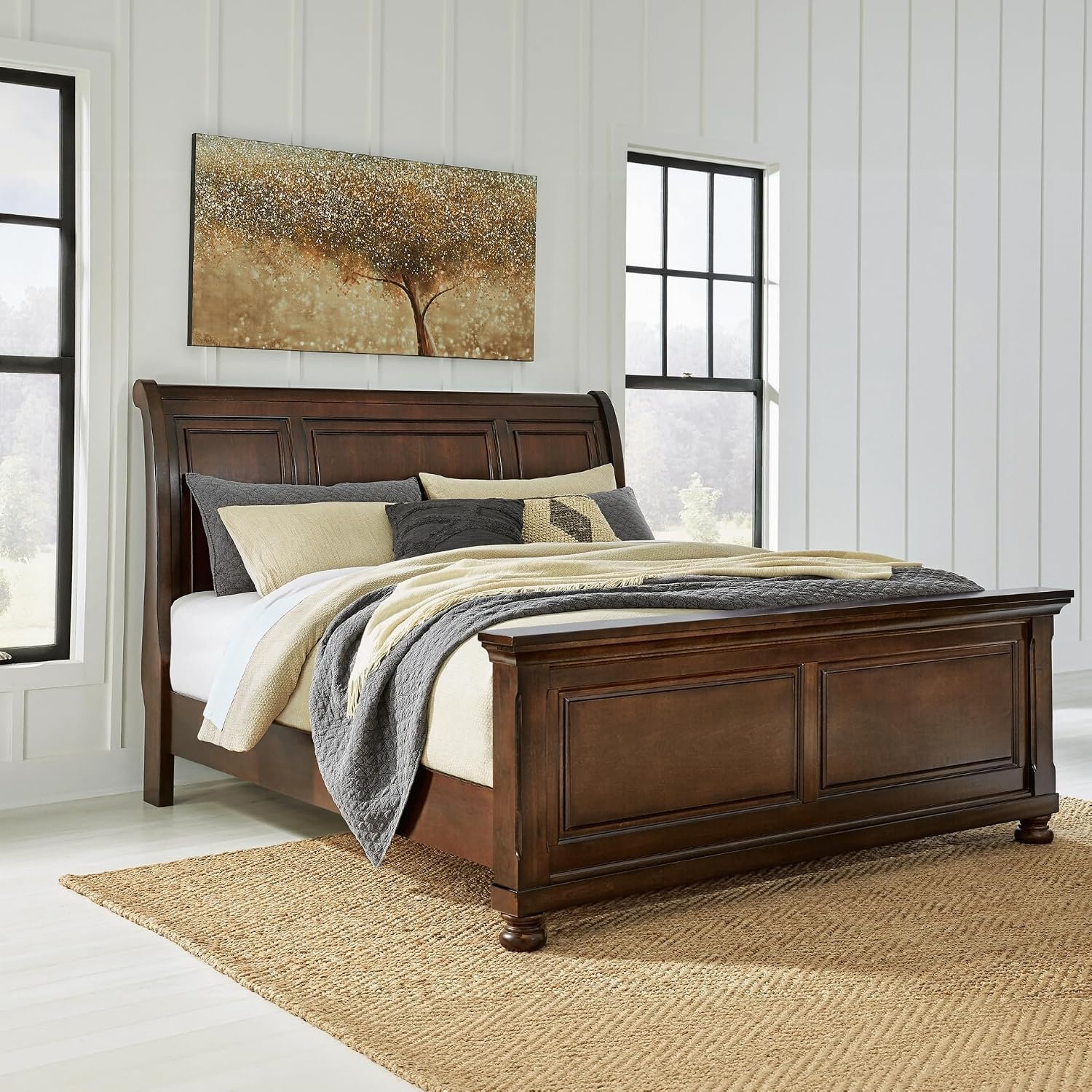 image:imageSignature Design by Ashley Robbinsdale Mirrored Vanity with Bench 52 Inch Antique White Makeup Desk Casual Wood Dressing Table for Bedroom StorageRustic Brown
