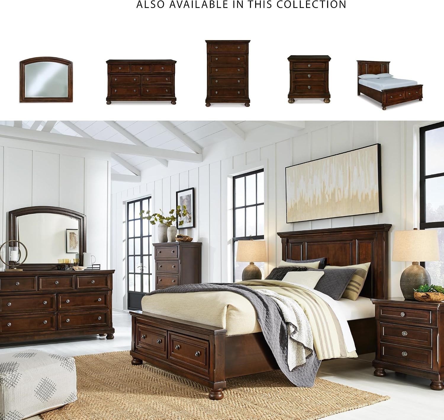 image:imageSignature Design by Ashley Robbinsdale Mirrored Vanity with Bench 52 Inch Antique White Makeup Desk Casual Wood Dressing Table for Bedroom StorageRustic Brown