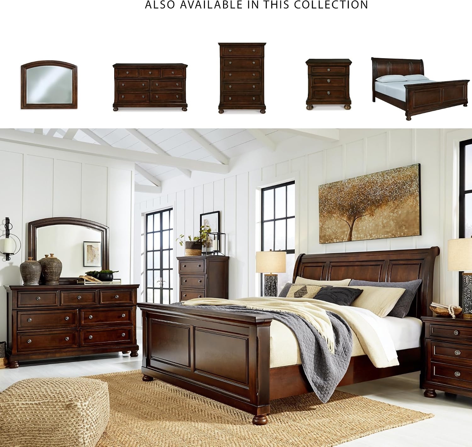 image:imageSignature Design by Ashley Robbinsdale Mirrored Vanity with Bench 52 Inch Antique White Makeup Desk Casual Wood Dressing Table for Bedroom StorageRustic Brown