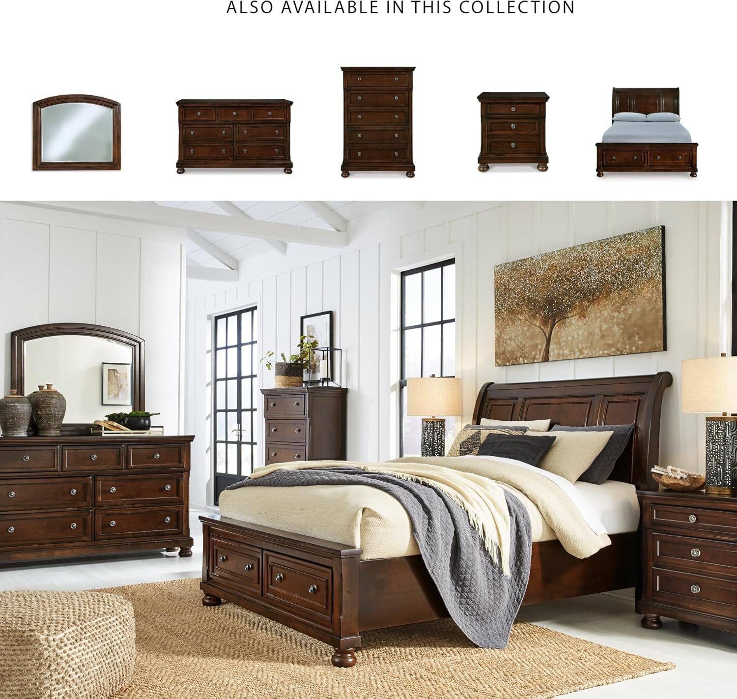 image:imageSignature Design by Ashley Robbinsdale Mirrored Vanity with Bench 52 Inch Antique White Makeup Desk Casual Wood Dressing Table for Bedroom StorageRustic Brown