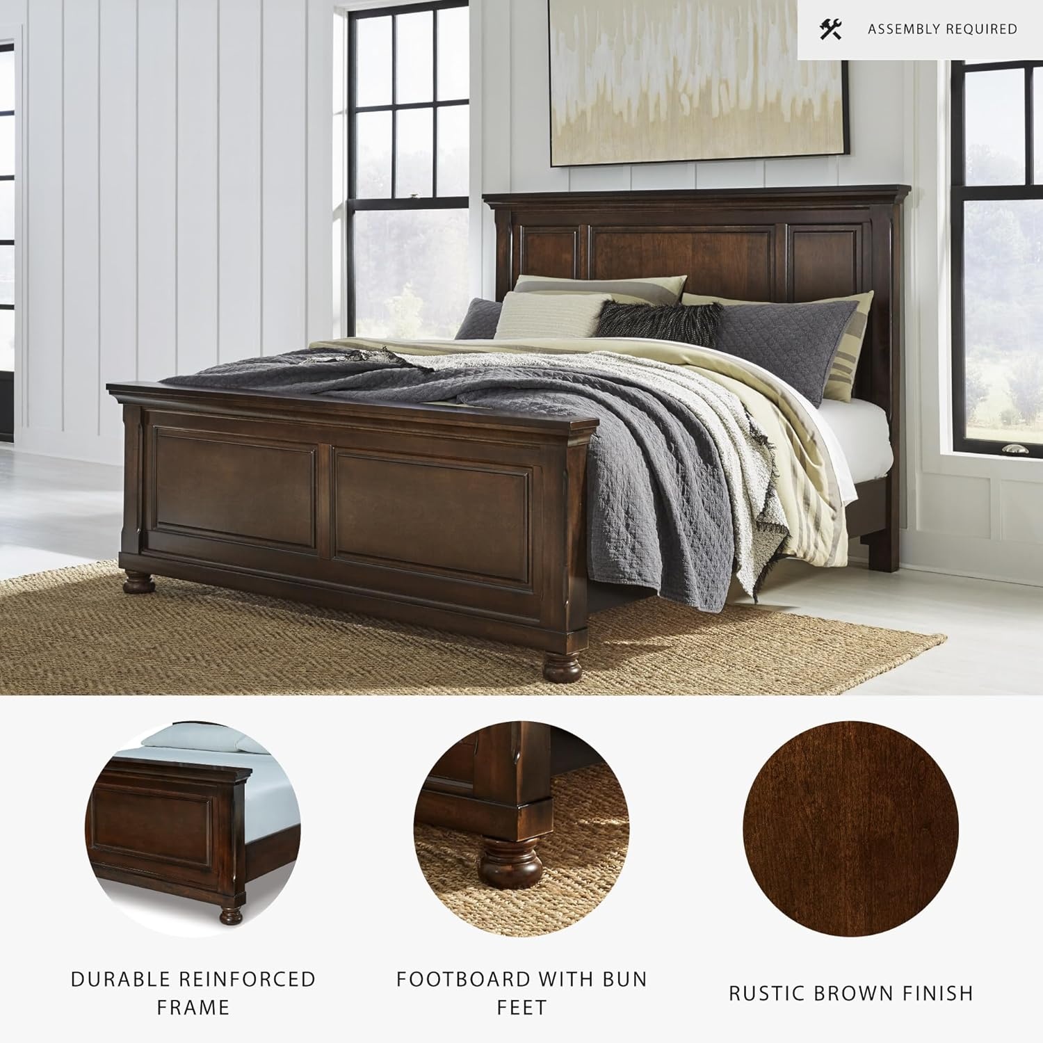 image:imageSignature Design by Ashley Robbinsdale Mirrored Vanity with Bench 52 Inch Antique White Makeup Desk Casual Wood Dressing Table for Bedroom StorageRustic Brown