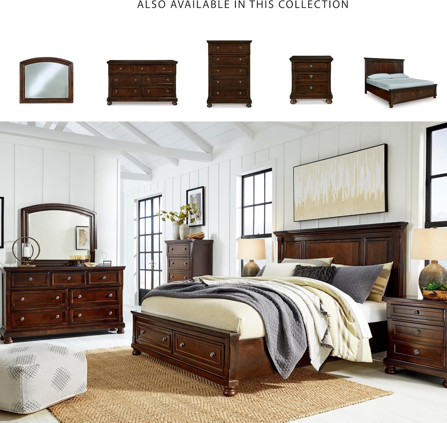 image:imageSignature Design by Ashley Robbinsdale Mirrored Vanity with Bench 52 Inch Antique White Makeup Desk Casual Wood Dressing Table for Bedroom StorageRustic Brown