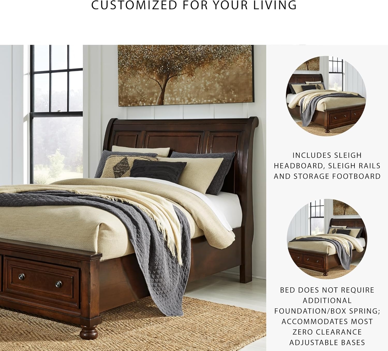 image:imageSignature Design by Ashley Robbinsdale Mirrored Vanity with Bench 52 Inch Antique White Makeup Desk Casual Wood Dressing Table for Bedroom StorageRustic Brown