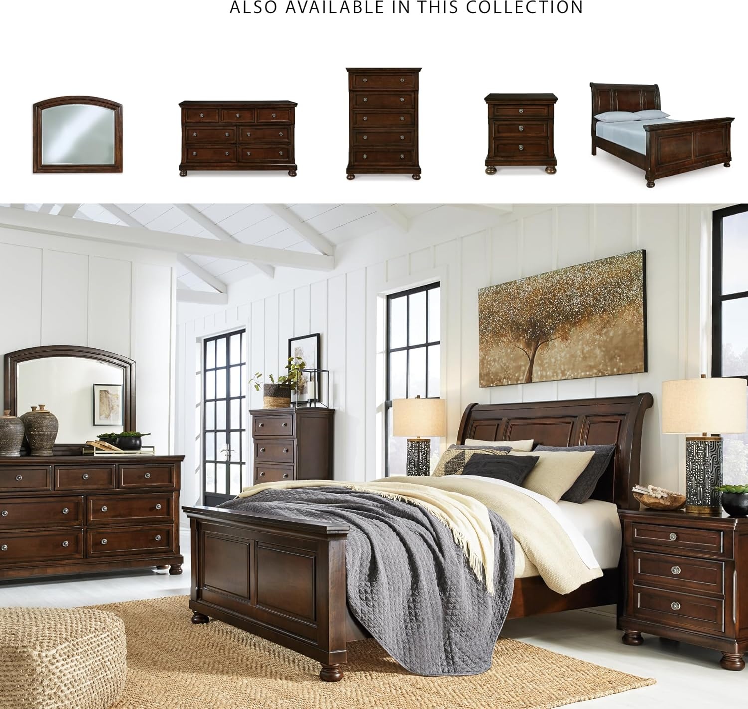 image:imageSignature Design by Ashley Robbinsdale Mirrored Vanity with Bench 52 Inch Antique White Makeup Desk Casual Wood Dressing Table for Bedroom StorageRustic Brown
