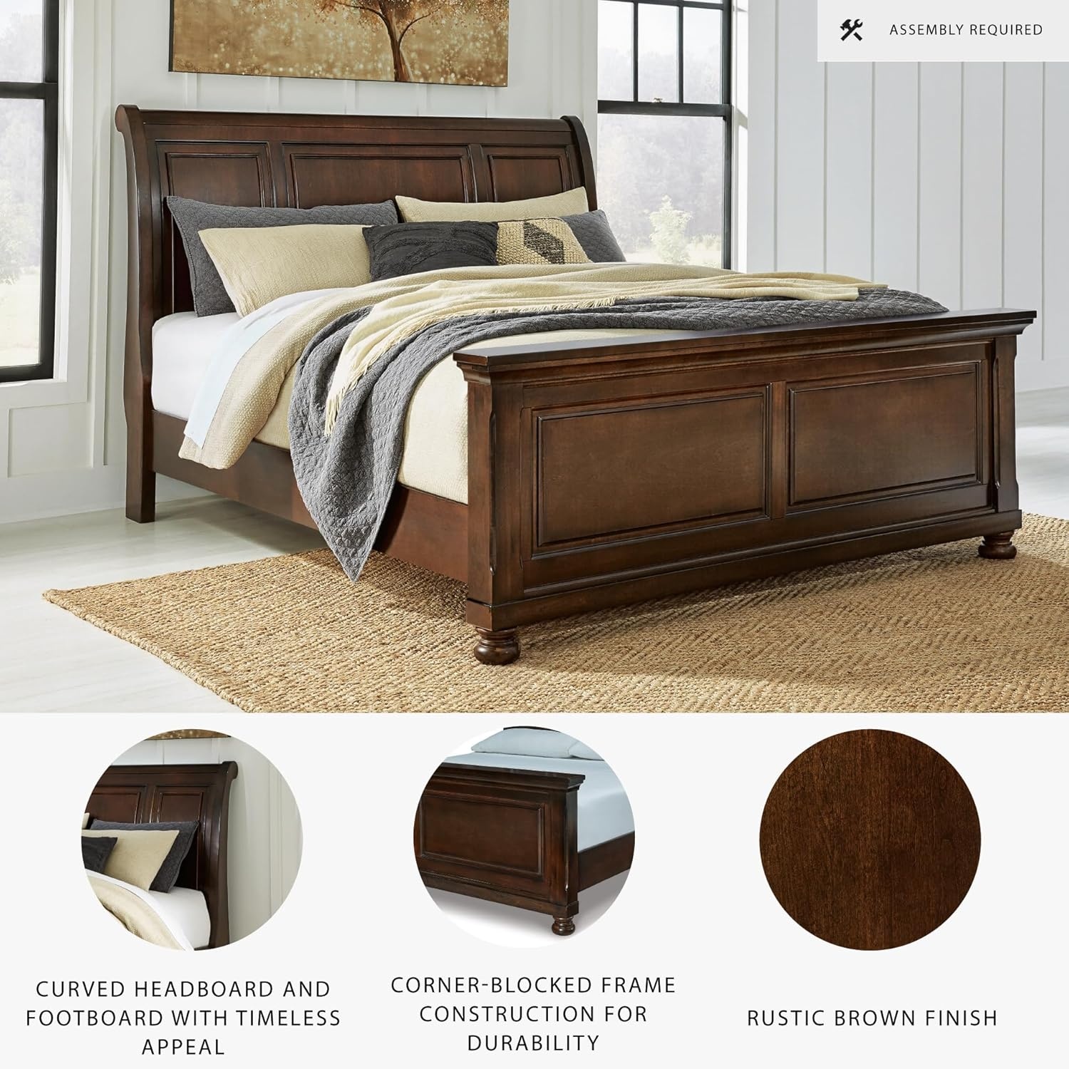 image:imageSignature Design by Ashley Robbinsdale Mirrored Vanity with Bench 52 Inch Antique White Makeup Desk Casual Wood Dressing Table for Bedroom StorageRustic Brown