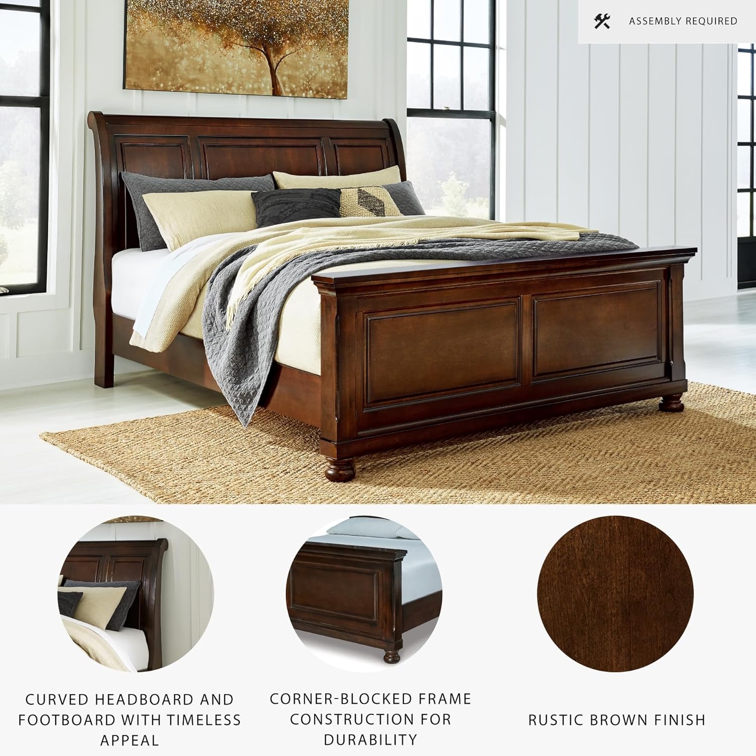 image:imageSignature Design by Ashley Robbinsdale Mirrored Vanity with Bench 52 Inch Antique White Makeup Desk Casual Wood Dressing Table for Bedroom StorageRustic Brown