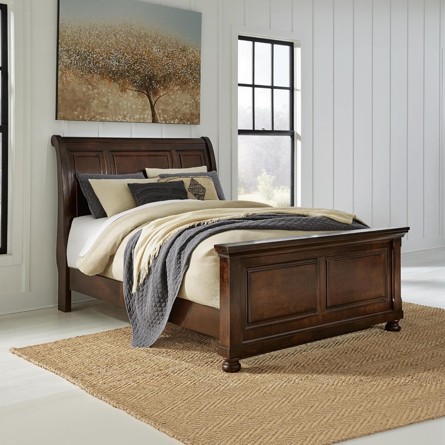 image:imageSignature Design by Ashley Robbinsdale Mirrored Vanity with Bench 52 Inch Antique White Makeup Desk Casual Wood Dressing Table for Bedroom StorageRustic Brown