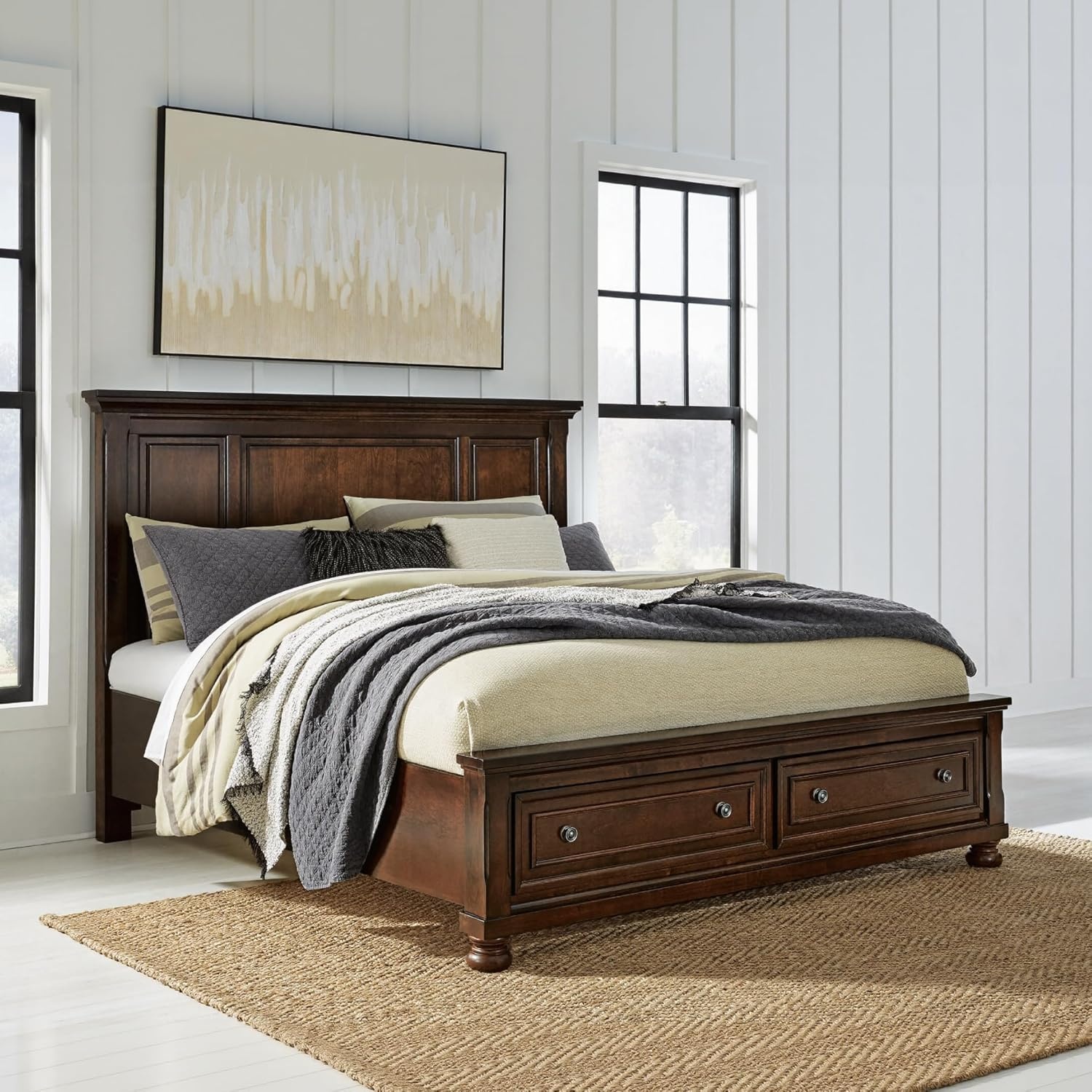 image:imageSignature Design by Ashley Robbinsdale Mirrored Vanity with Bench 52 Inch Antique White Makeup Desk Casual Wood Dressing Table for Bedroom StorageRustic Brown
