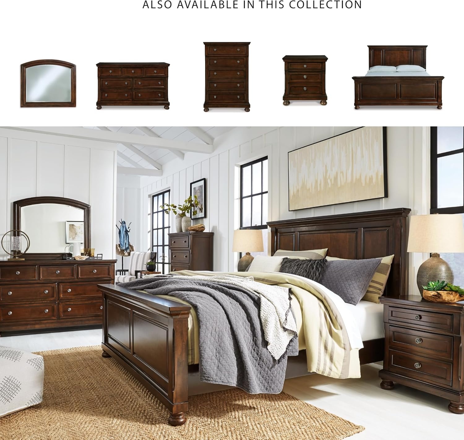 image:imageSignature Design by Ashley Robbinsdale Mirrored Vanity with Bench 52 Inch Antique White Makeup Desk Casual Wood Dressing Table for Bedroom StorageRustic Brown