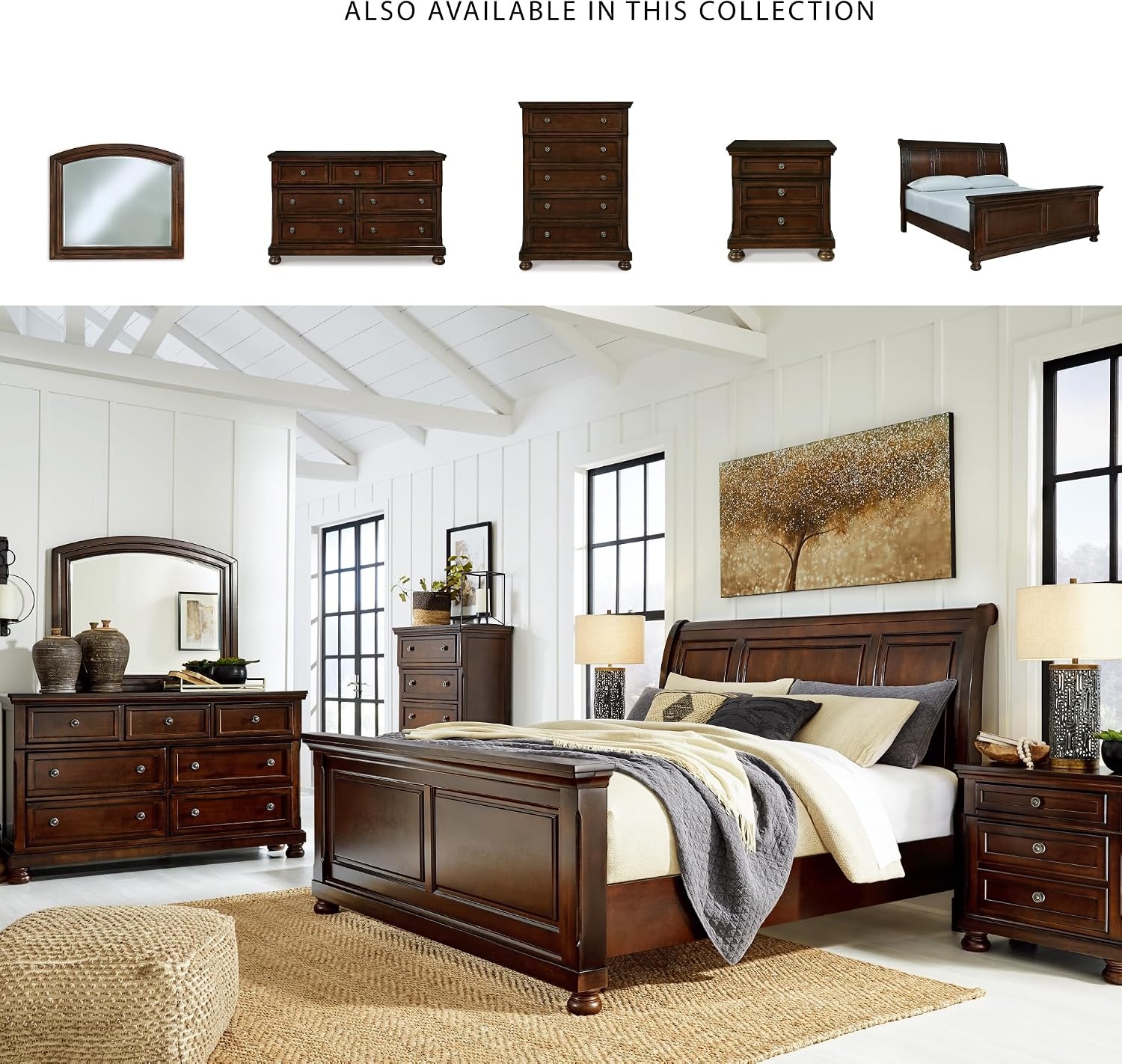 image:imageSignature Design by Ashley Robbinsdale Mirrored Vanity with Bench 52 Inch Antique White Makeup Desk Casual Wood Dressing Table for Bedroom StorageRustic Brown