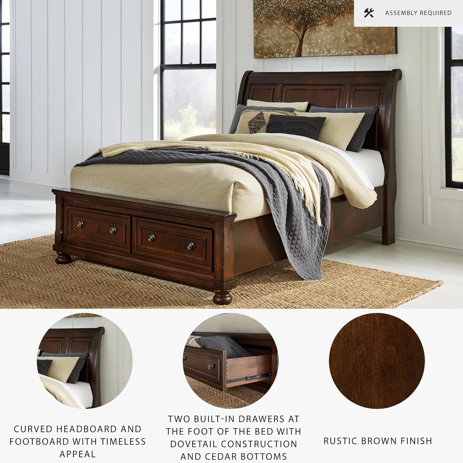image:imageSignature Design by Ashley Robbinsdale Mirrored Vanity with Bench 52 Inch Antique White Makeup Desk Casual Wood Dressing Table for Bedroom StorageRustic Brown