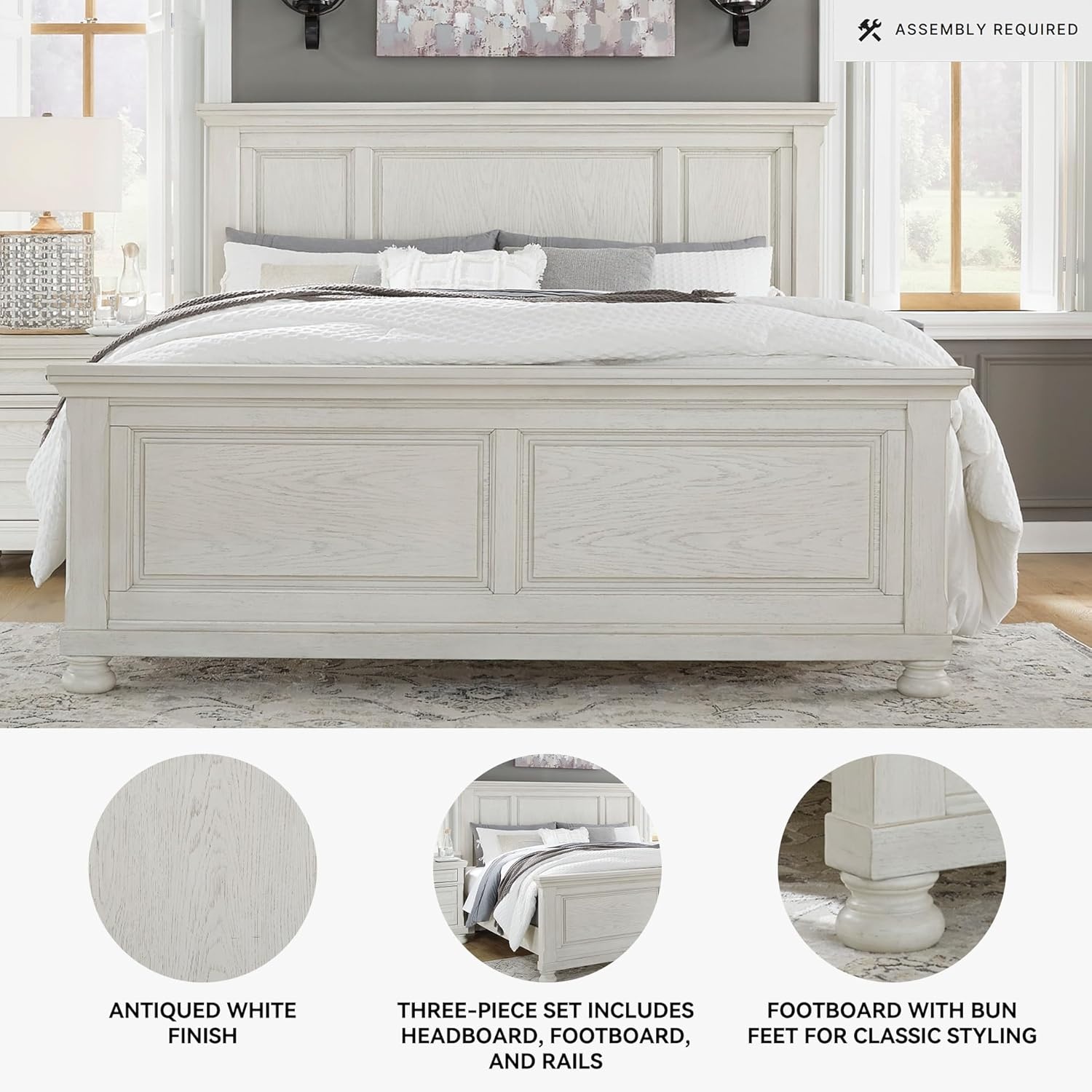image:imageSignature Design by Ashley Robbinsdale Mirrored Vanity with Bench 52 Inch Antique White Makeup Desk Casual Wood Dressing Table for Bedroom StorageWhitewash