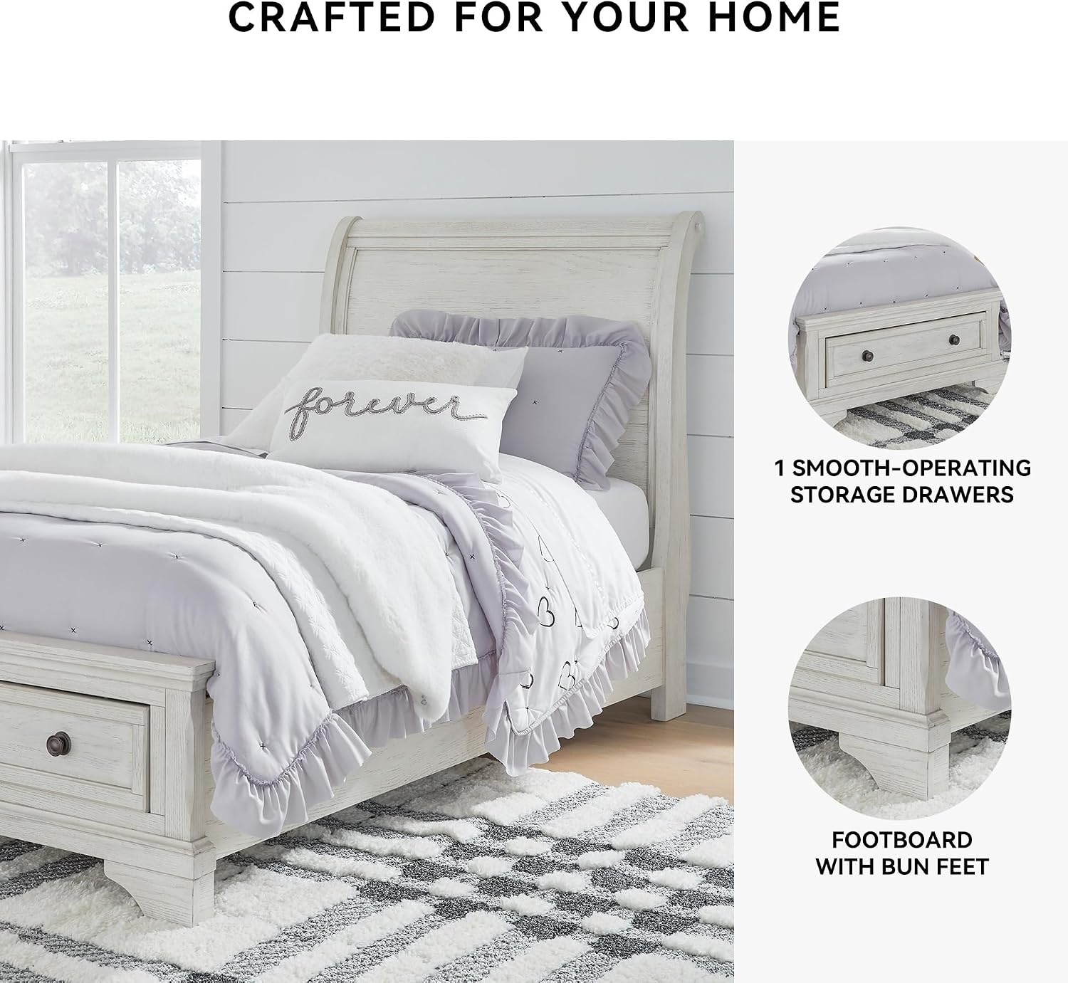 image:imageSignature Design by Ashley Robbinsdale Mirrored Vanity with Bench 52 Inch Antique White Makeup Desk Casual Wood Dressing Table for Bedroom StorageWhitewash
