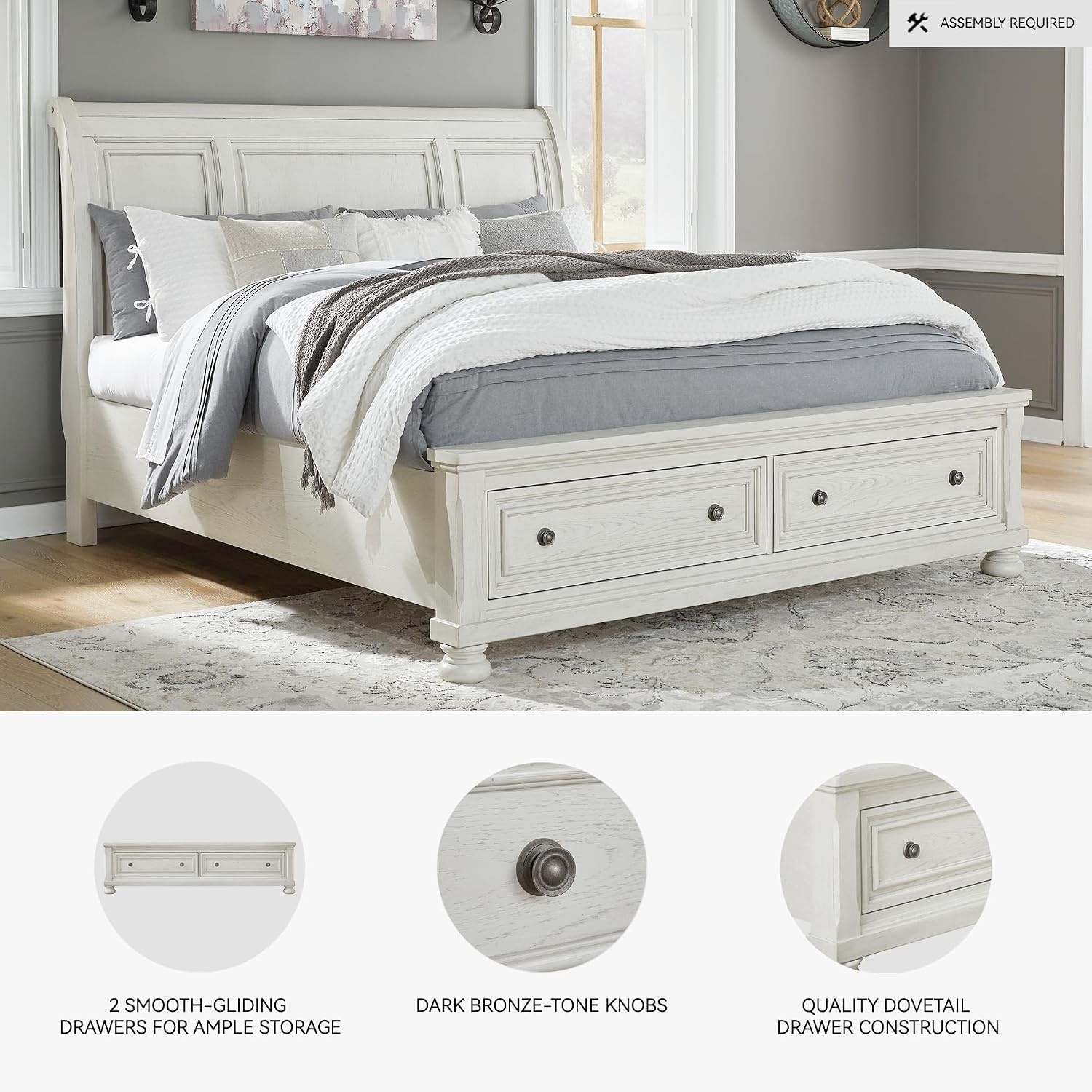 image:imageSignature Design by Ashley Robbinsdale Mirrored Vanity with Bench 52 Inch Antique White Makeup Desk Casual Wood Dressing Table for Bedroom StorageWhitewash