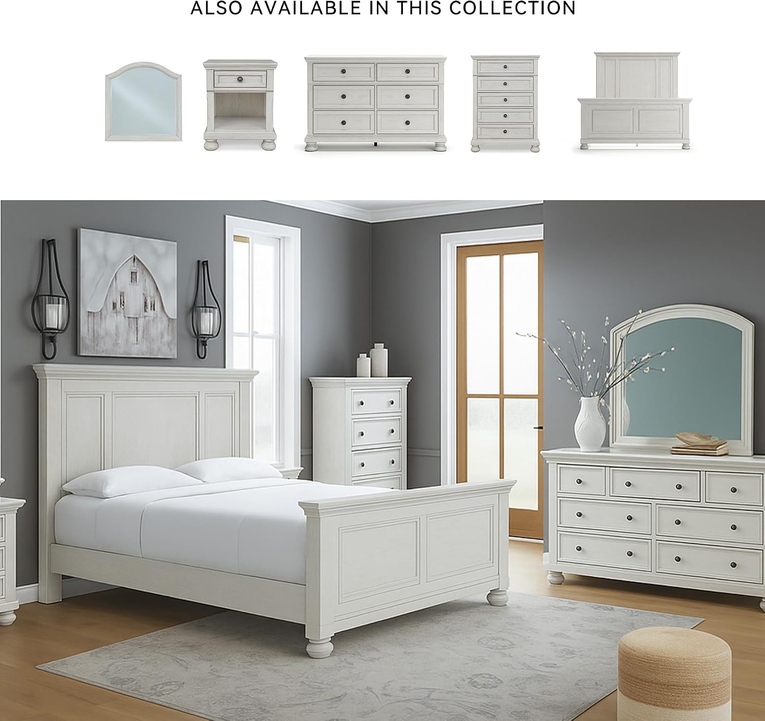 image:imageSignature Design by Ashley Robbinsdale Mirrored Vanity with Bench 52 Inch Antique White Makeup Desk Casual Wood Dressing Table for Bedroom StorageWhitewash