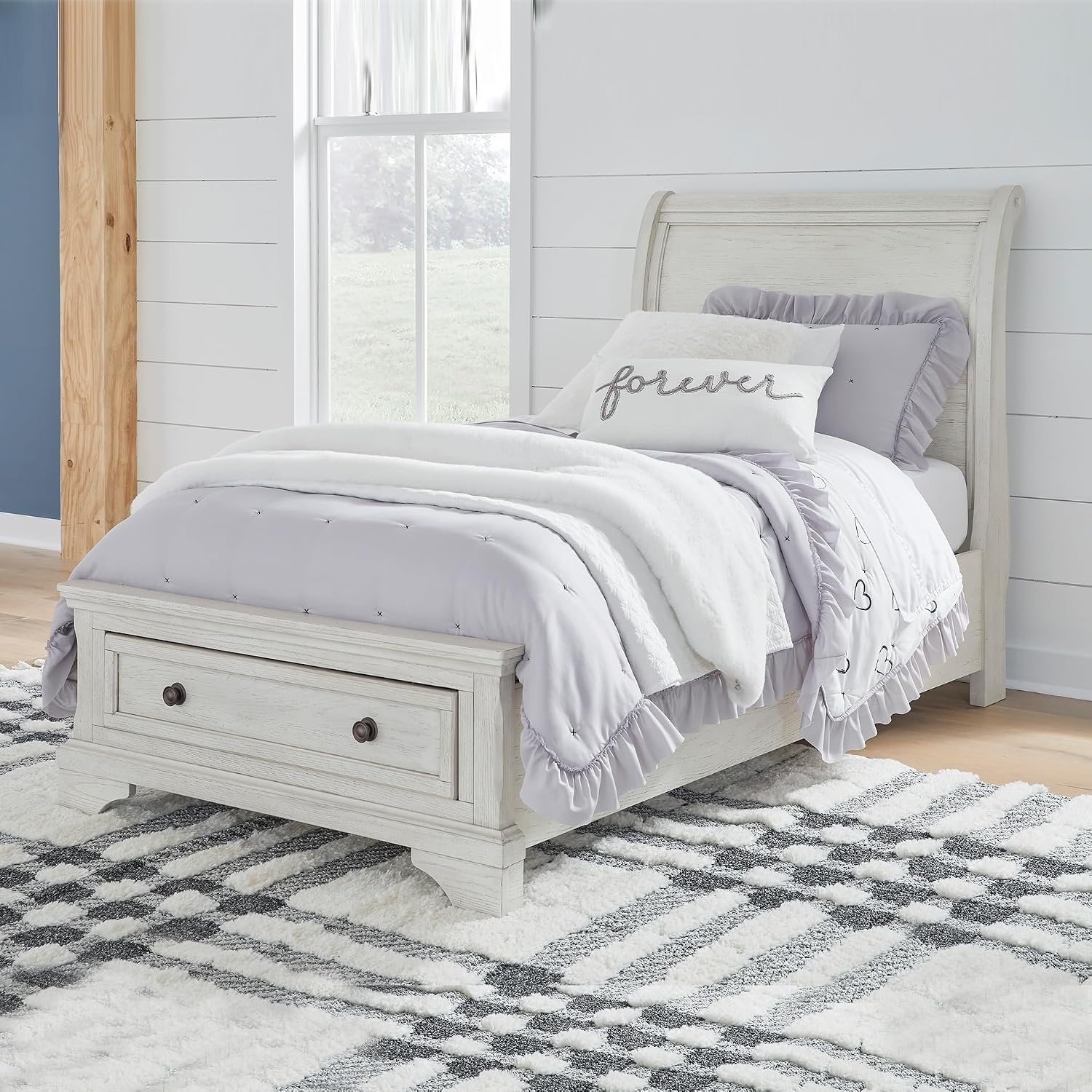 image:imageSignature Design by Ashley Robbinsdale Mirrored Vanity with Bench 52 Inch Antique White Makeup Desk Casual Wood Dressing Table for Bedroom StorageWhitewash