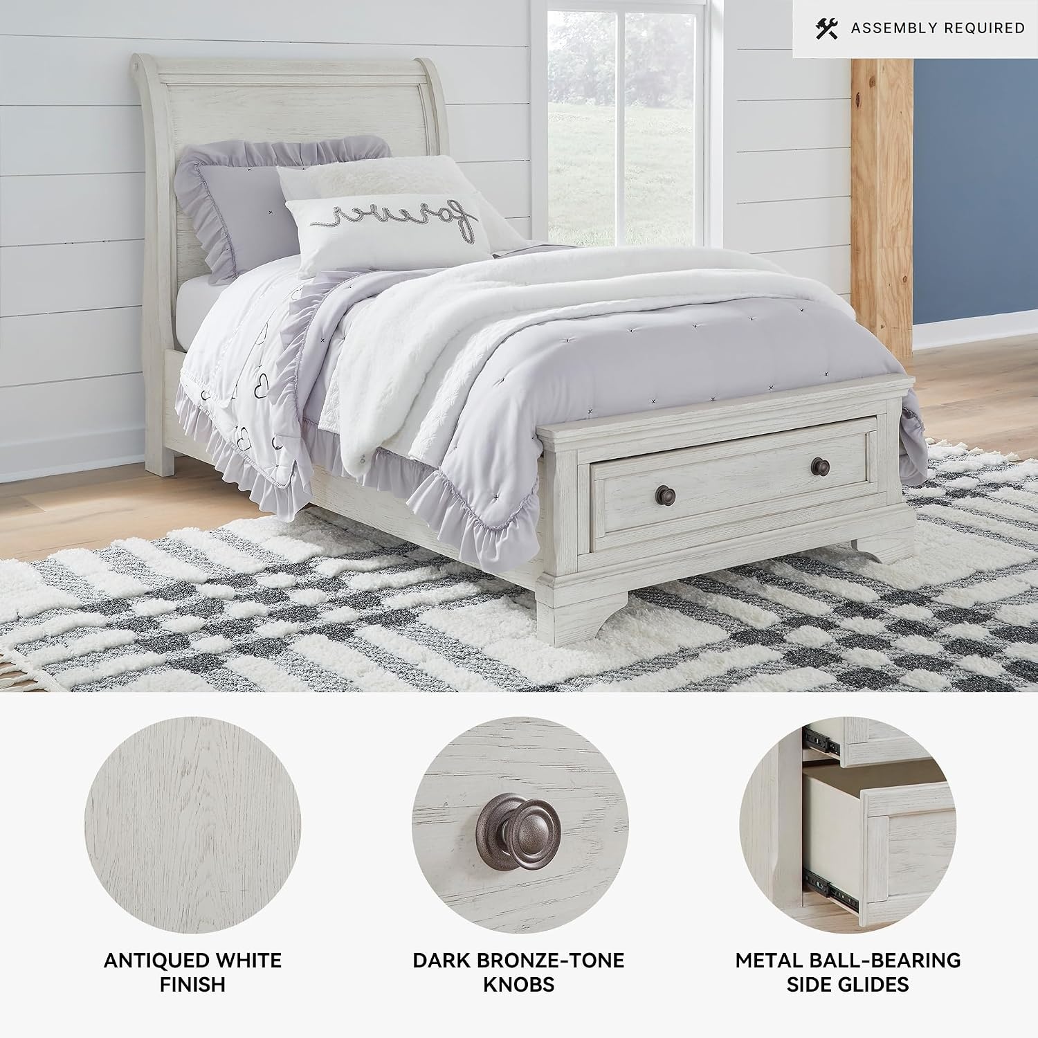 image:imageSignature Design by Ashley Robbinsdale Mirrored Vanity with Bench 52 Inch Antique White Makeup Desk Casual Wood Dressing Table for Bedroom StorageWhitewash