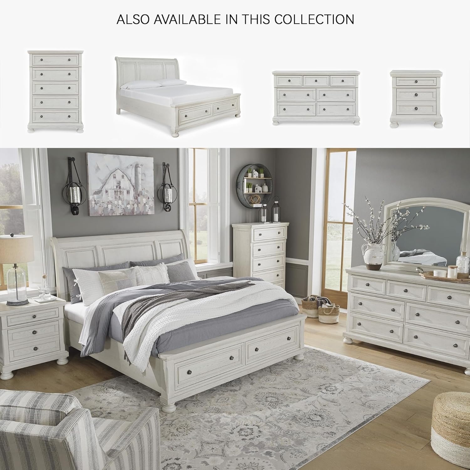 image:imageSignature Design by Ashley Robbinsdale Mirrored Vanity with Bench 52 Inch Antique White Makeup Desk Casual Wood Dressing Table for Bedroom StorageWhitewash