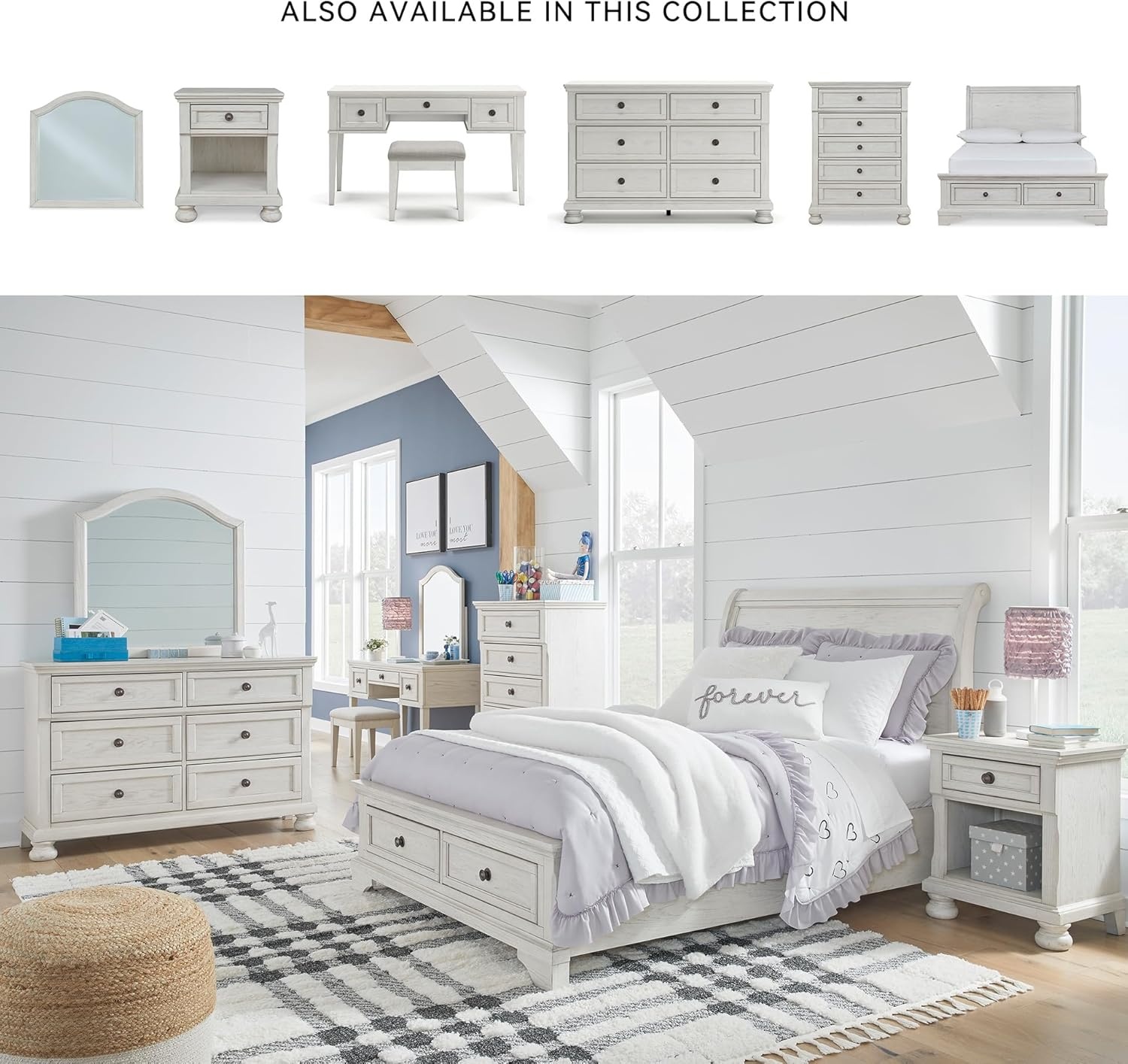 image:imageSignature Design by Ashley Robbinsdale Mirrored Vanity with Bench 52 Inch Antique White Makeup Desk Casual Wood Dressing Table for Bedroom StorageWhitewash