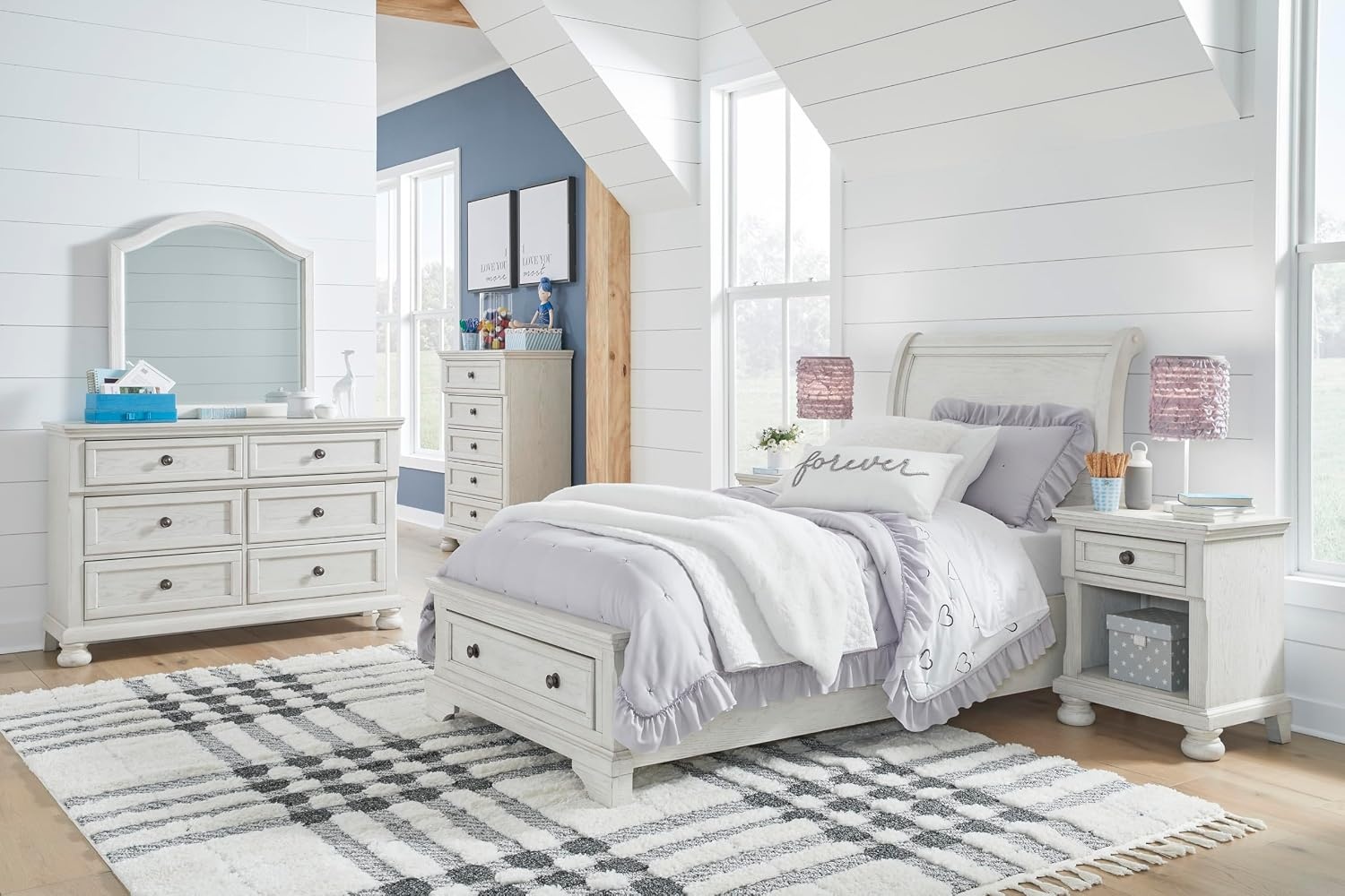 image:imageSignature Design by Ashley Robbinsdale Mirrored Vanity with Bench 52 Inch Antique White Makeup Desk Casual Wood Dressing Table for Bedroom StorageWhitewash