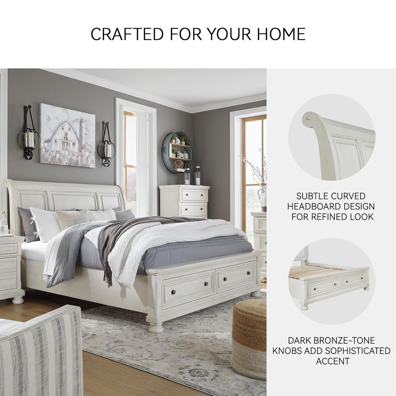 image:imageSignature Design by Ashley Robbinsdale Mirrored Vanity with Bench 52 Inch Antique White Makeup Desk Casual Wood Dressing Table for Bedroom StorageWhitewash