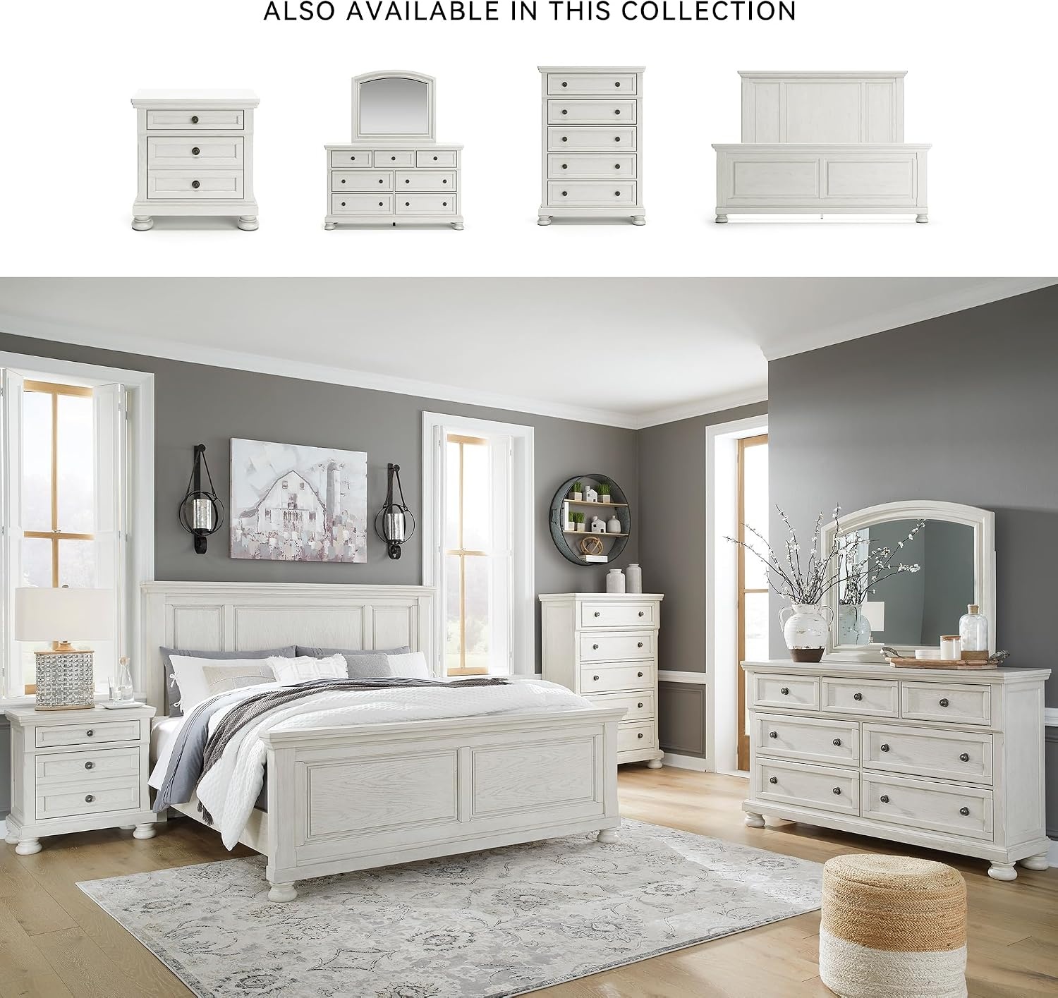 image:imageSignature Design by Ashley Robbinsdale Mirrored Vanity with Bench 52 Inch Antique White Makeup Desk Casual Wood Dressing Table for Bedroom StorageWhitewash
