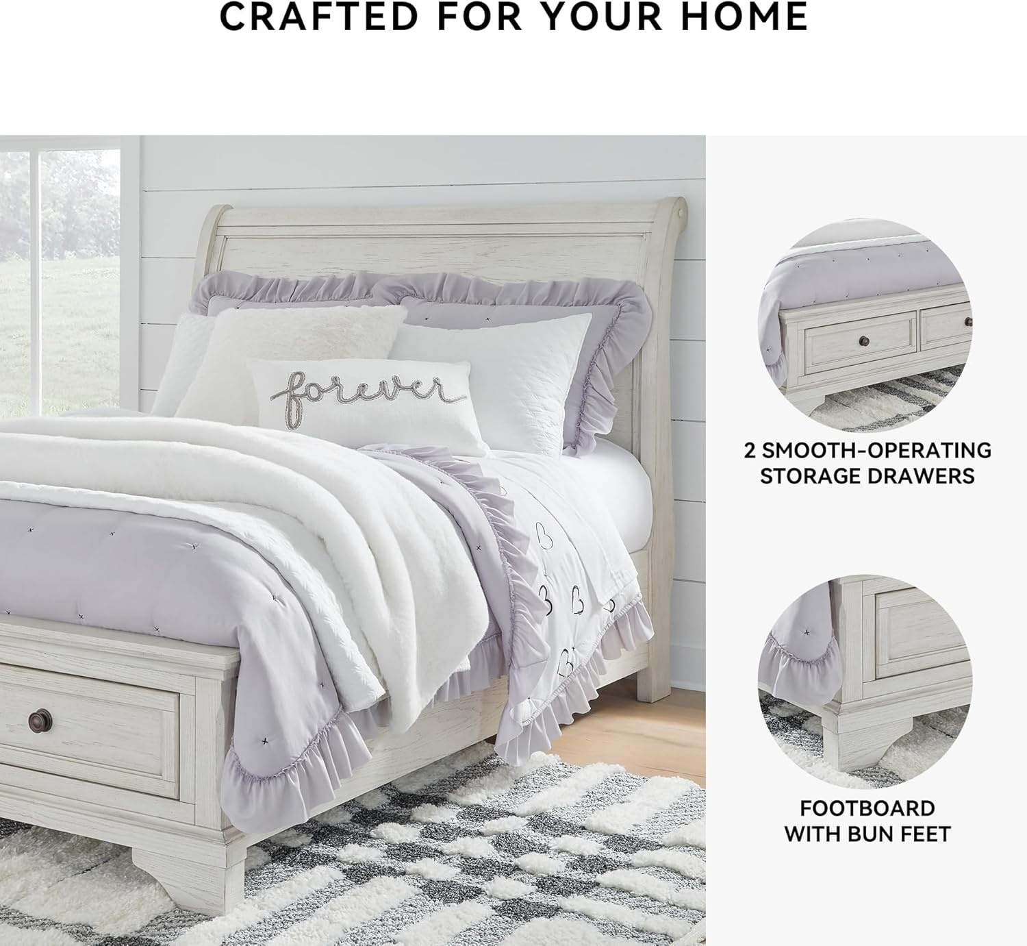 image:imageSignature Design by Ashley Robbinsdale Mirrored Vanity with Bench 52 Inch Antique White Makeup Desk Casual Wood Dressing Table for Bedroom StorageWhitewash