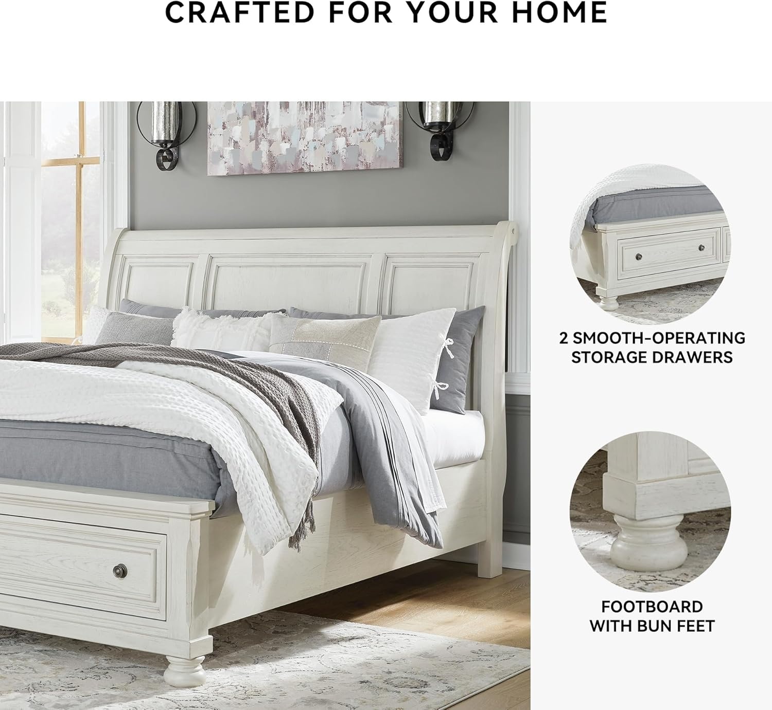 image:imageSignature Design by Ashley Robbinsdale Mirrored Vanity with Bench 52 Inch Antique White Makeup Desk Casual Wood Dressing Table for Bedroom StorageWhitewash