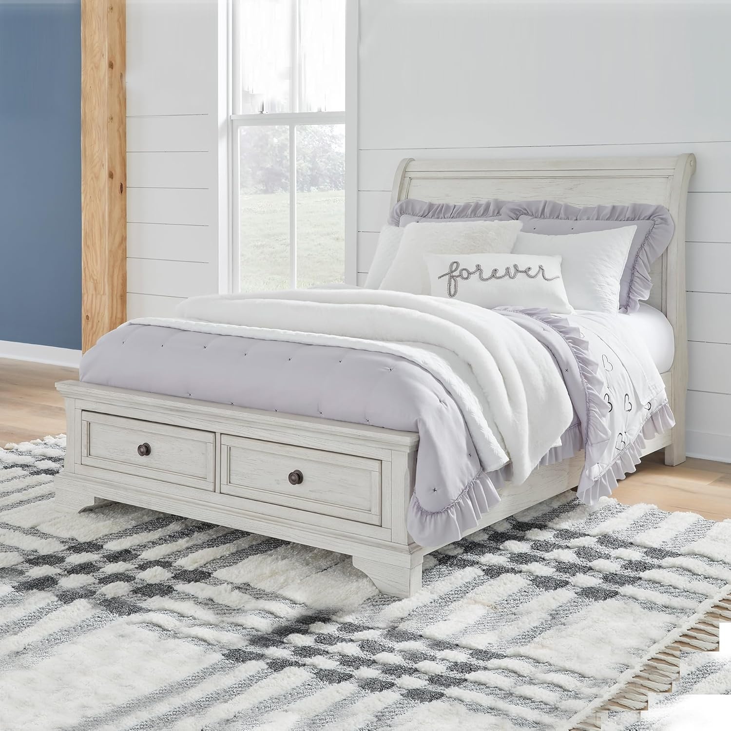 image:imageSignature Design by Ashley Robbinsdale Mirrored Vanity with Bench 52 Inch Antique White Makeup Desk Casual Wood Dressing Table for Bedroom StorageWhitewash