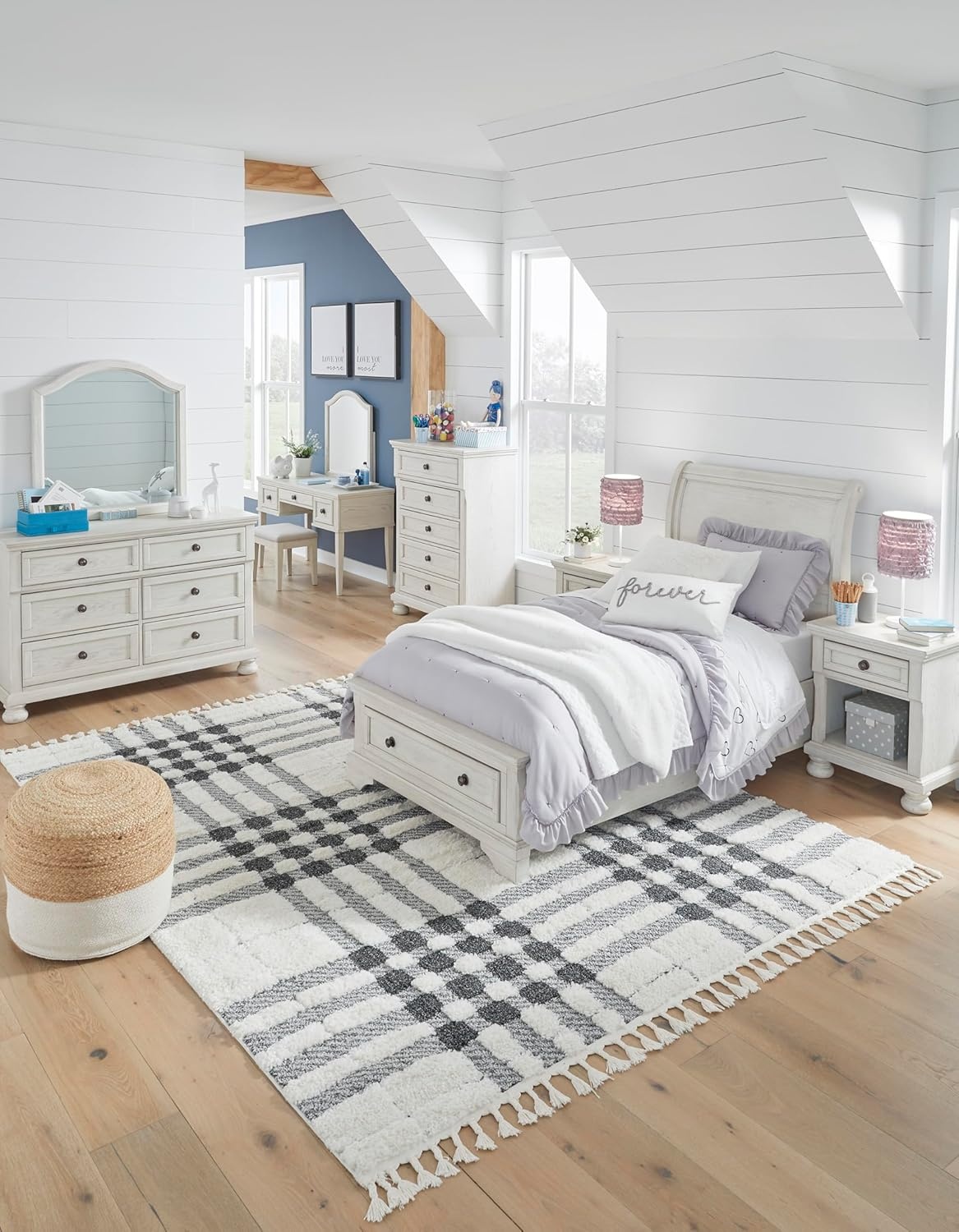image:imageSignature Design by Ashley Robbinsdale Mirrored Vanity with Bench 52 Inch Antique White Makeup Desk Casual Wood Dressing Table for Bedroom StorageWhitewash