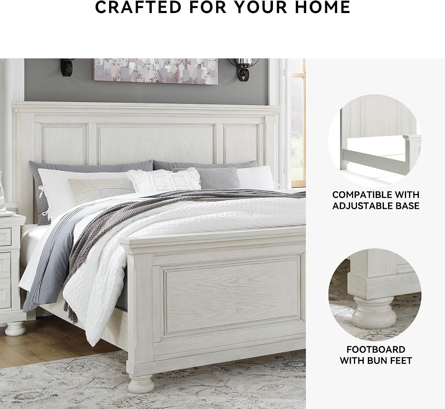 image:imageSignature Design by Ashley Robbinsdale Mirrored Vanity with Bench 52 Inch Antique White Makeup Desk Casual Wood Dressing Table for Bedroom StorageWhitewash