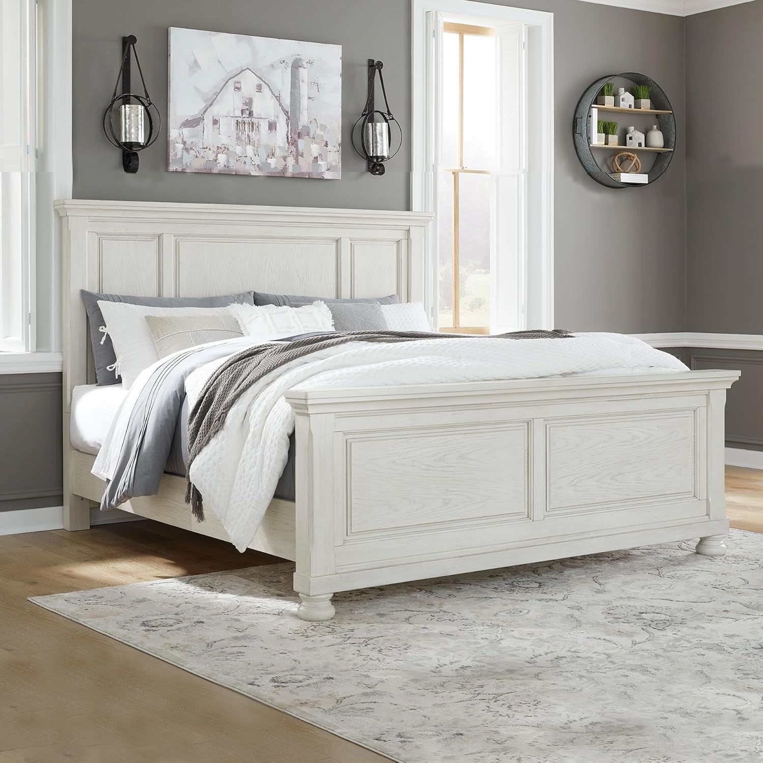 image:imageSignature Design by Ashley Robbinsdale Mirrored Vanity with Bench 52 Inch Antique White Makeup Desk Casual Wood Dressing Table for Bedroom StorageWhitewash