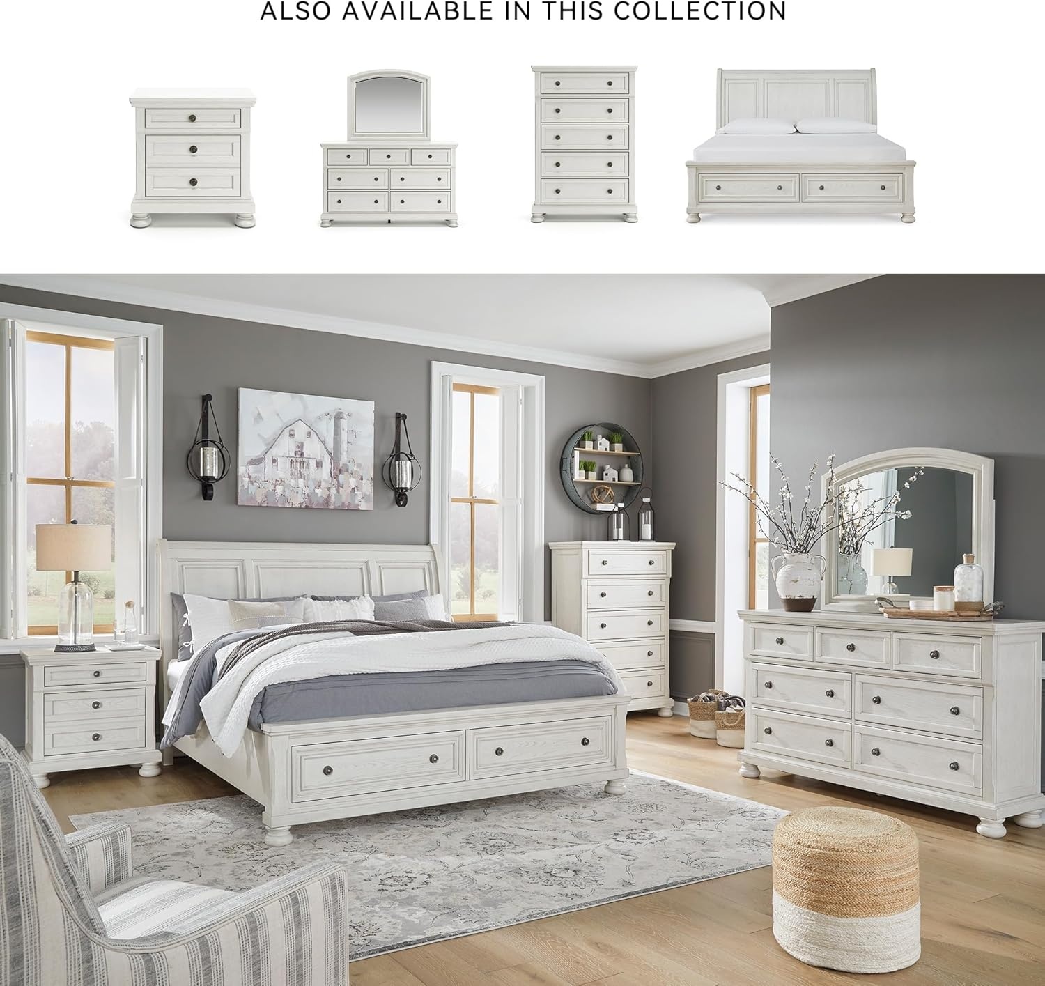 image:imageSignature Design by Ashley Robbinsdale Mirrored Vanity with Bench 52 Inch Antique White Makeup Desk Casual Wood Dressing Table for Bedroom StorageWhitewash