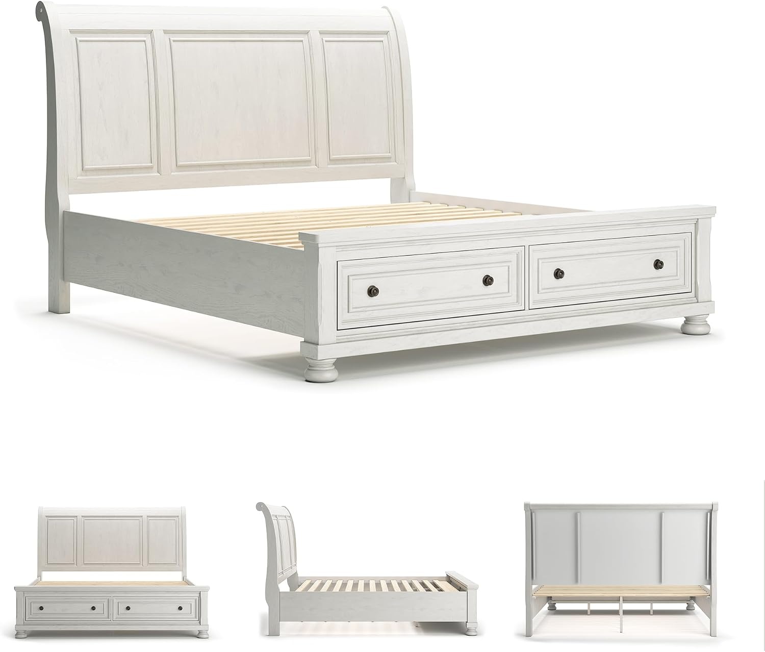 image:imageSignature Design by Ashley Robbinsdale Mirrored Vanity with Bench 52 Inch Antique White Makeup Desk Casual Wood Dressing Table for Bedroom StorageWhitewash