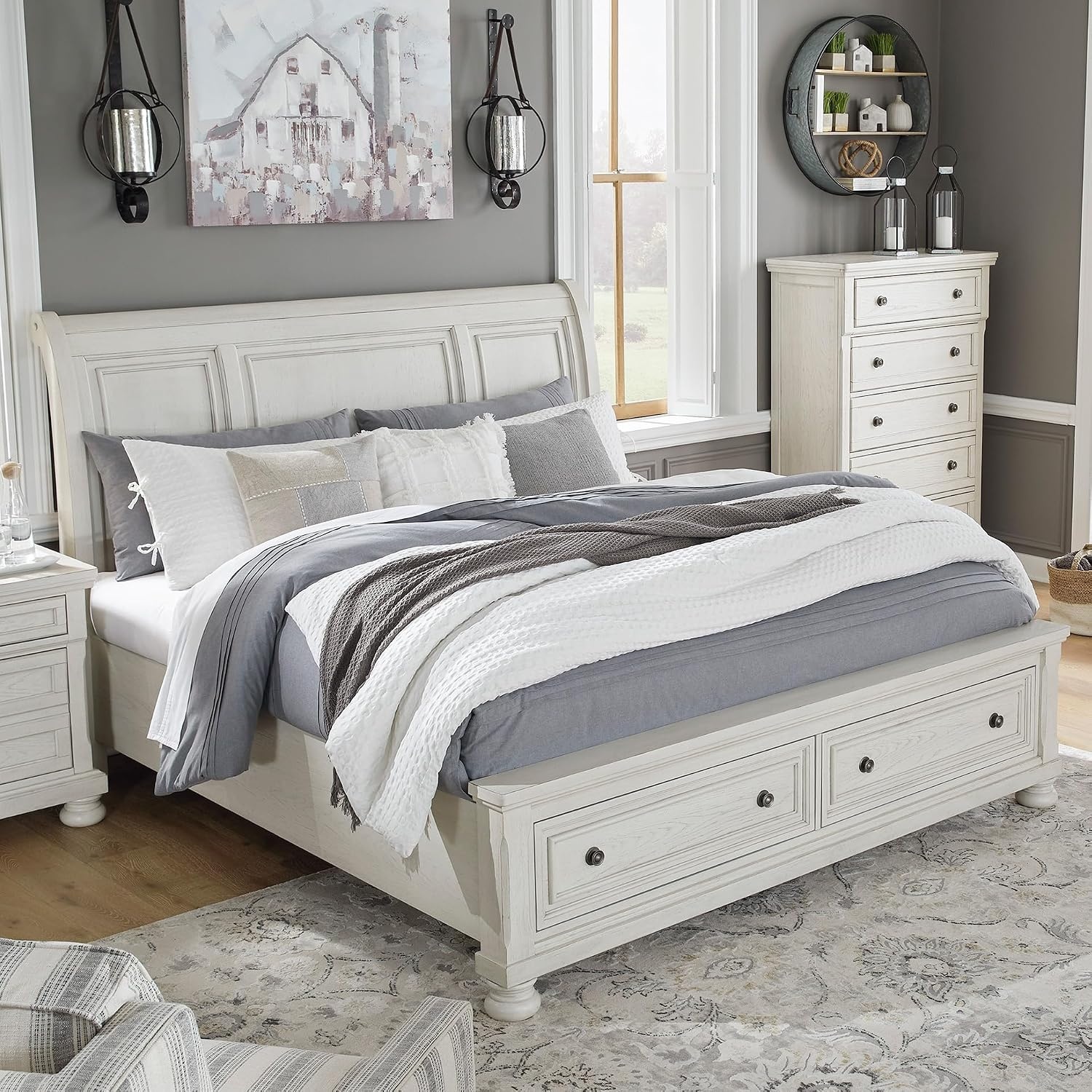 image:imageSignature Design by Ashley Robbinsdale Mirrored Vanity with Bench 52 Inch Antique White Makeup Desk Casual Wood Dressing Table for Bedroom StorageWhitewash