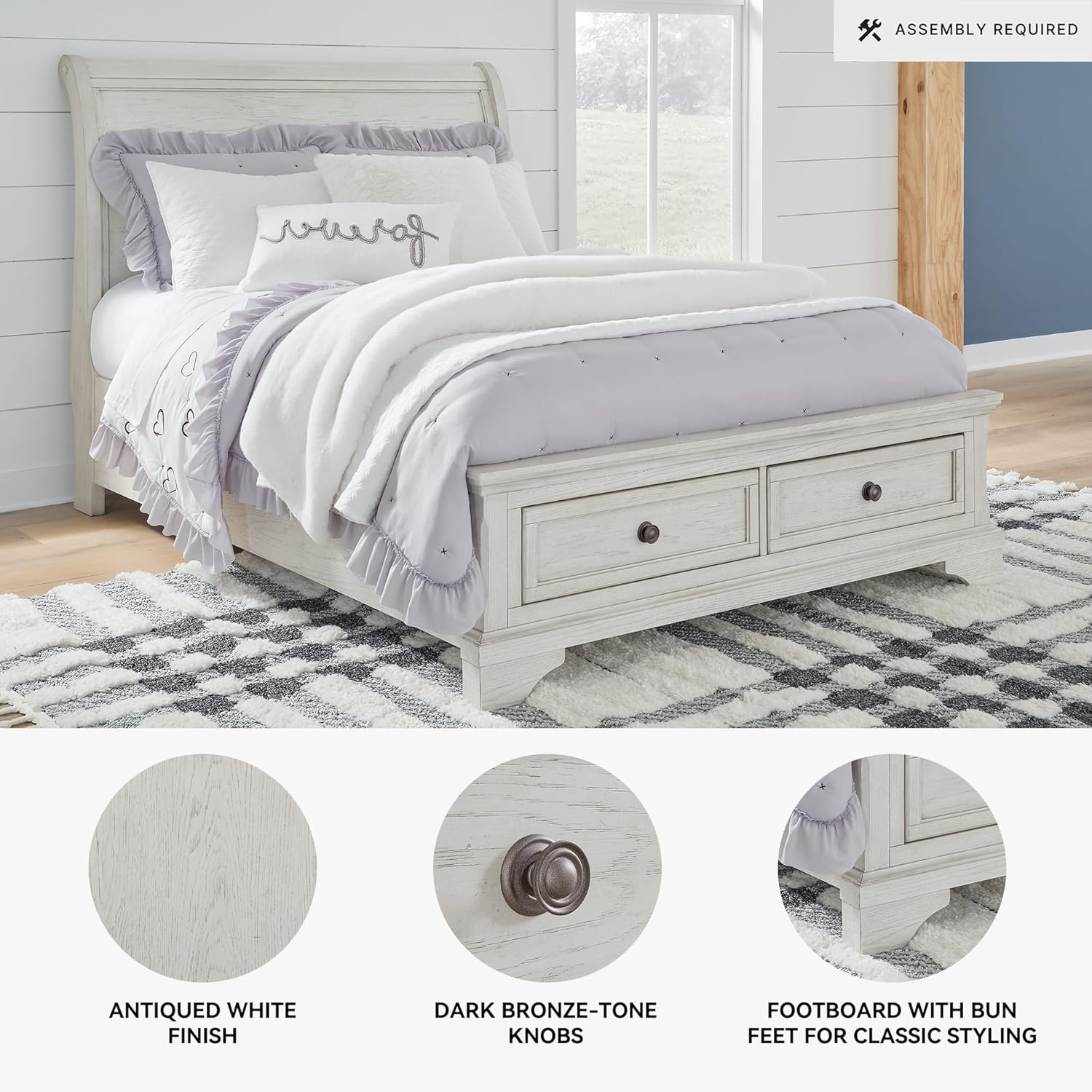 image:imageSignature Design by Ashley Robbinsdale Mirrored Vanity with Bench 52 Inch Antique White Makeup Desk Casual Wood Dressing Table for Bedroom StorageWhitewash