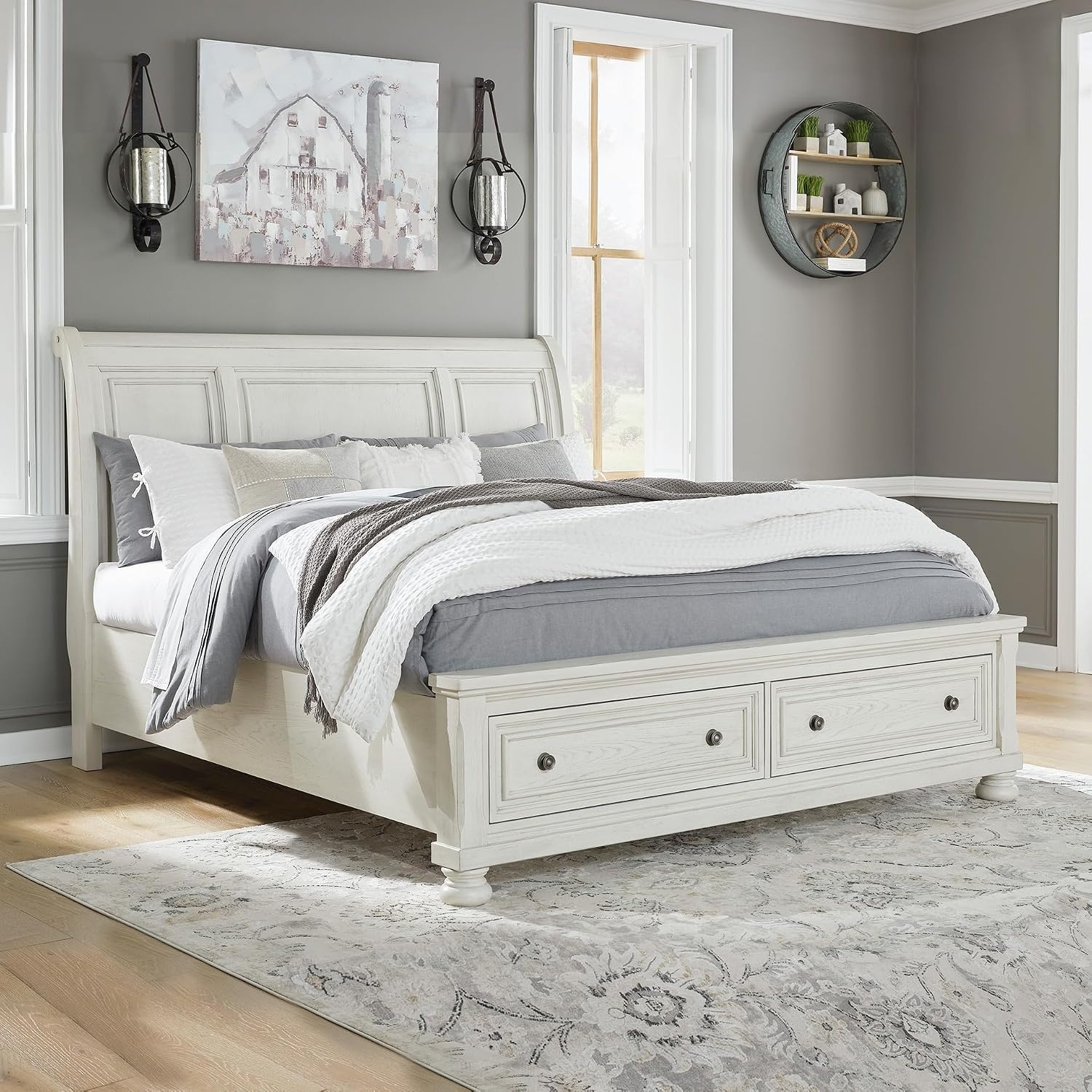 image:imageSignature Design by Ashley Robbinsdale Mirrored Vanity with Bench 52 Inch Antique White Makeup Desk Casual Wood Dressing Table for Bedroom StorageWhitewash