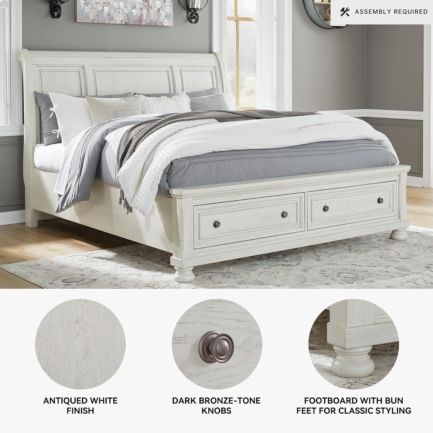 image:imageSignature Design by Ashley Robbinsdale Mirrored Vanity with Bench 52 Inch Antique White Makeup Desk Casual Wood Dressing Table for Bedroom StorageWhitewash