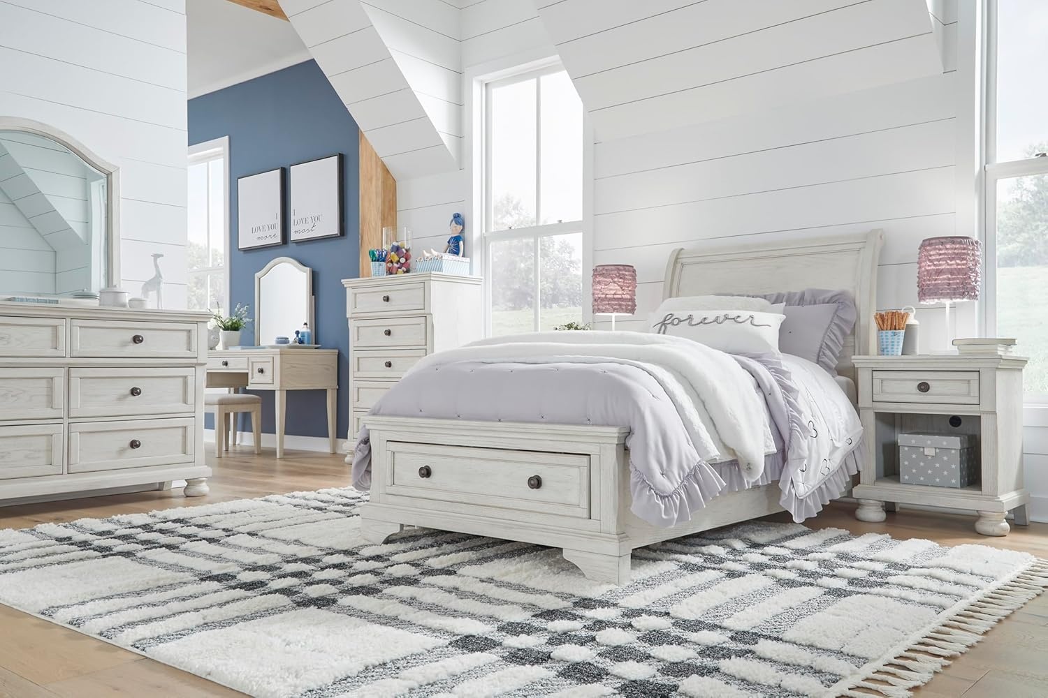 image:imageSignature Design by Ashley Robbinsdale Mirrored Vanity with Bench 52 Inch Antique White Makeup Desk Casual Wood Dressing Table for Bedroom StorageWhitewash