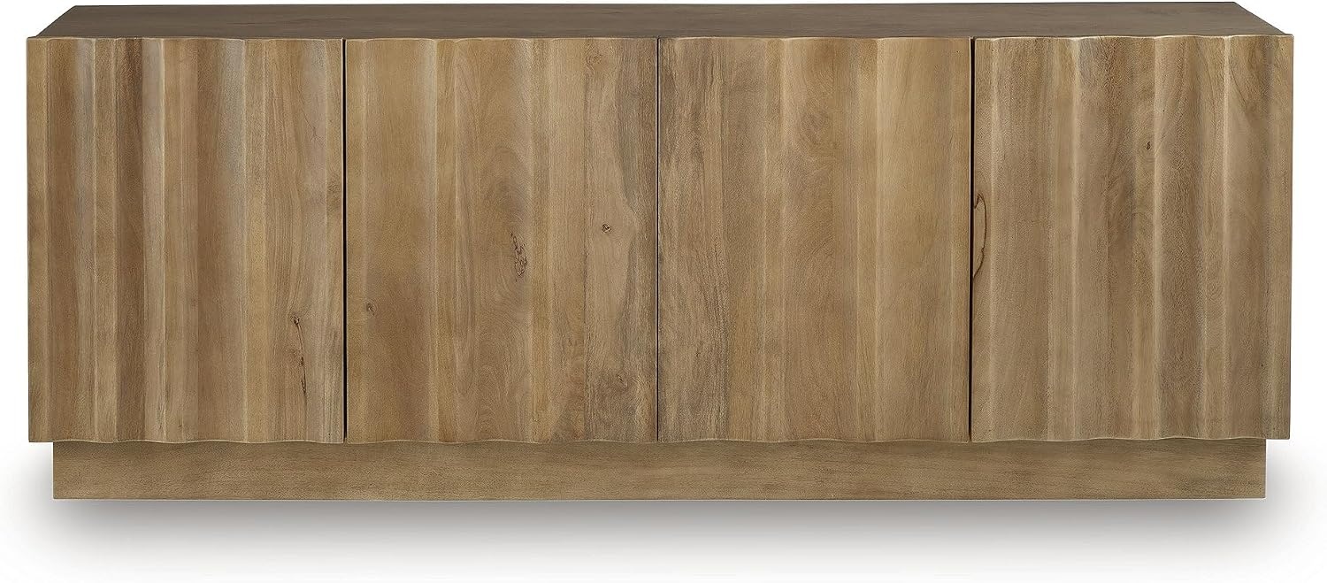 image:imageSignature Design by Ashley Timkins Accent Cabinet Solid Mango Wood Credenza with Fluted Doors TV Stand Storage for Living Room Or Office Natural Light Brown
