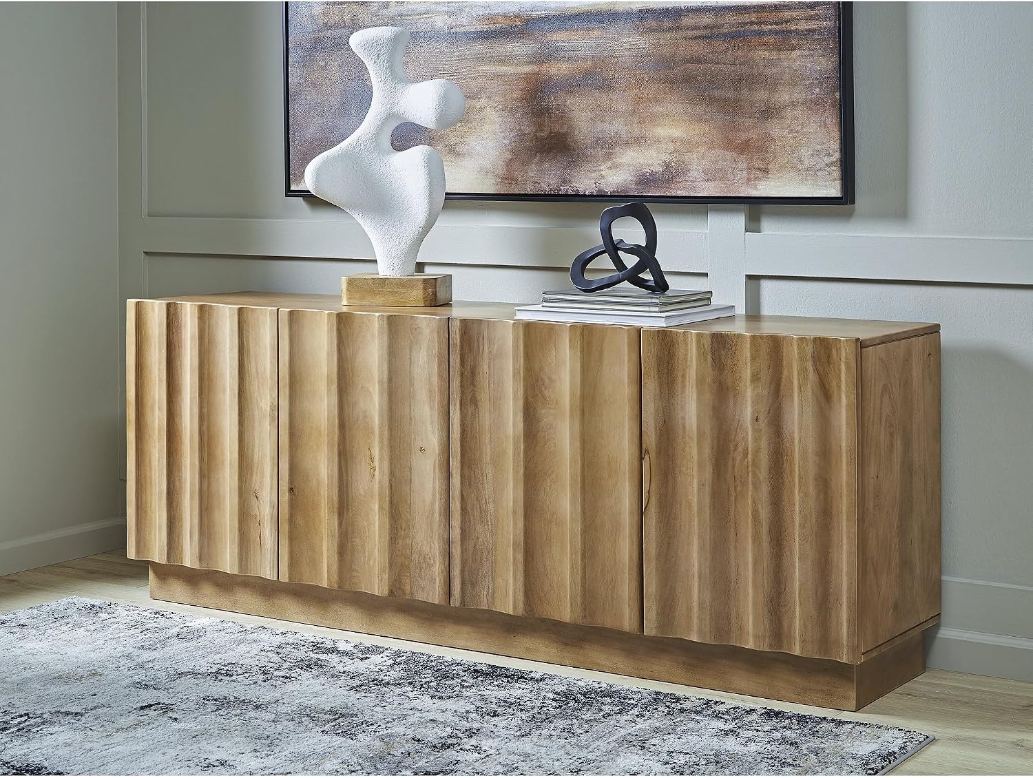 image:imageSignature Design by Ashley Timkins Accent Cabinet Solid Mango Wood Credenza with Fluted Doors TV Stand Storage for Living Room Or Office Natural Light Brown