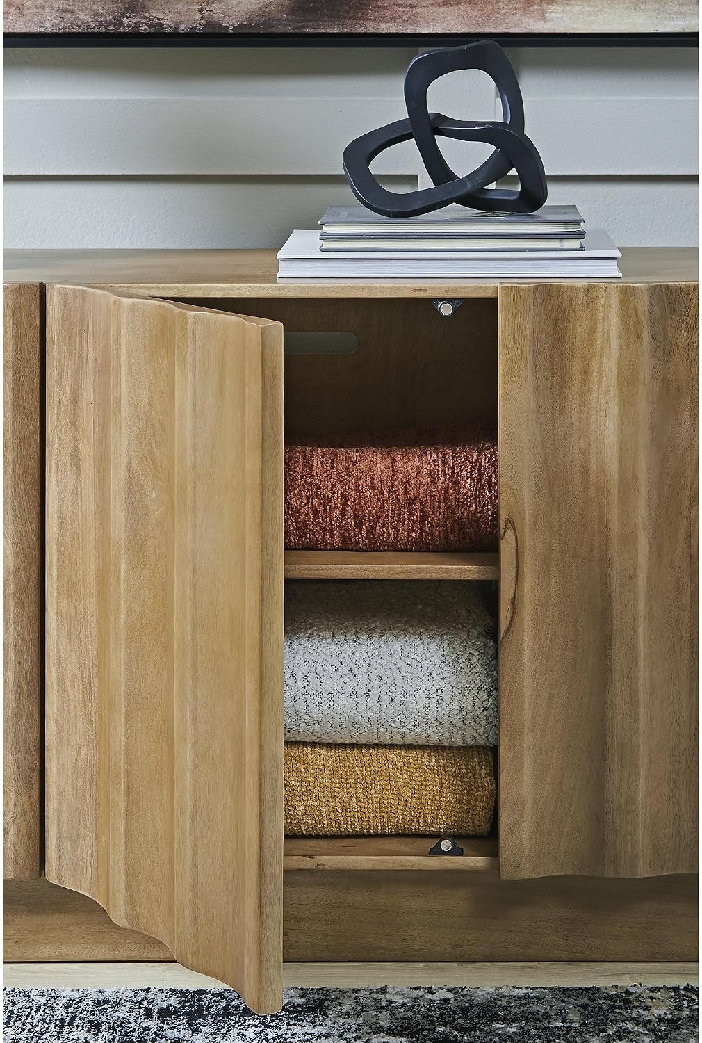 image:imageSignature Design by Ashley Timkins Accent Cabinet Solid Mango Wood Credenza with Fluted Doors TV Stand Storage for Living Room Or Office Natural Light Brown