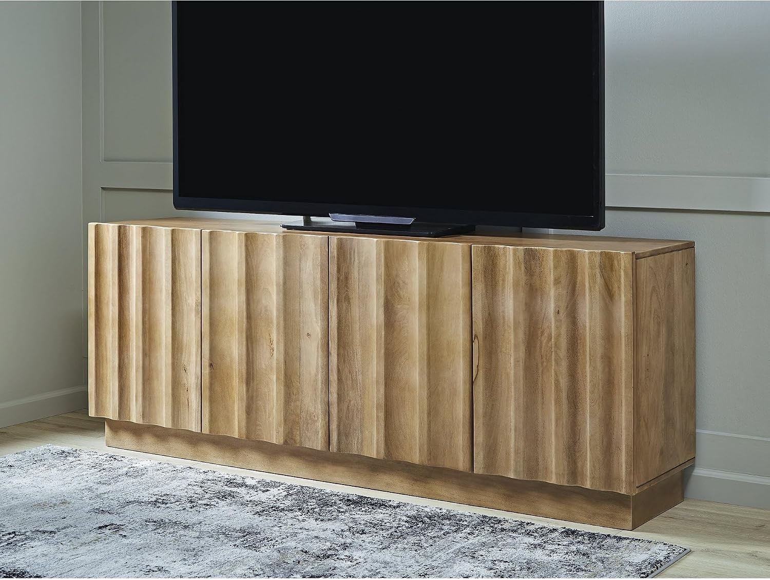 image:imageSignature Design by Ashley Timkins Accent Cabinet Solid Mango Wood Credenza with Fluted Doors TV Stand Storage for Living Room Or Office Natural Light Brown