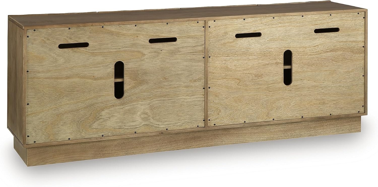 image:imageSignature Design by Ashley Timkins Accent Cabinet Solid Mango Wood Credenza with Fluted Doors TV Stand Storage for Living Room Or Office Natural Light Brown