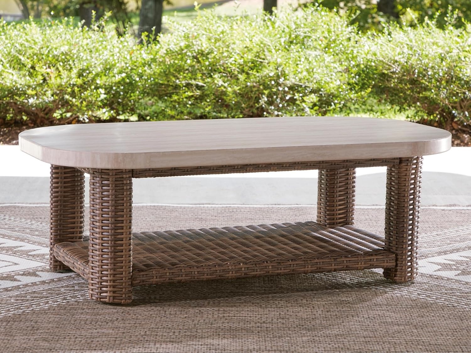 image:imageSignature Design by Ashley Angel Island Casual Outdoor Coffee Table with Lower Shelf Beige amp Medium Brown