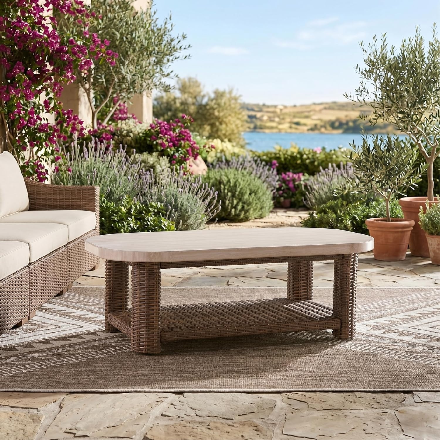 image:imageSignature Design by Ashley Angel Island Casual Outdoor Coffee Table with Lower Shelf Beige amp Medium Brown