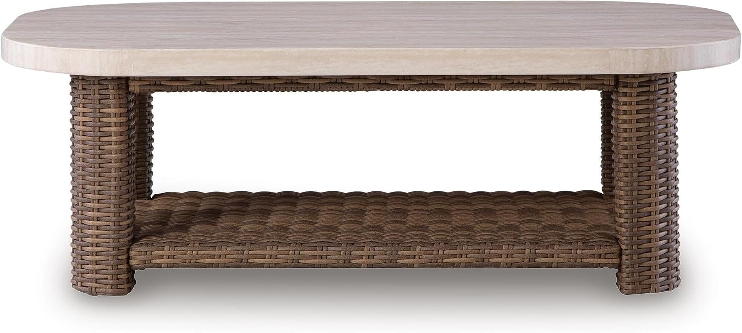 image:imageSignature Design by Ashley Angel Island Casual Outdoor Coffee Table with Lower Shelf Beige amp Medium Brown