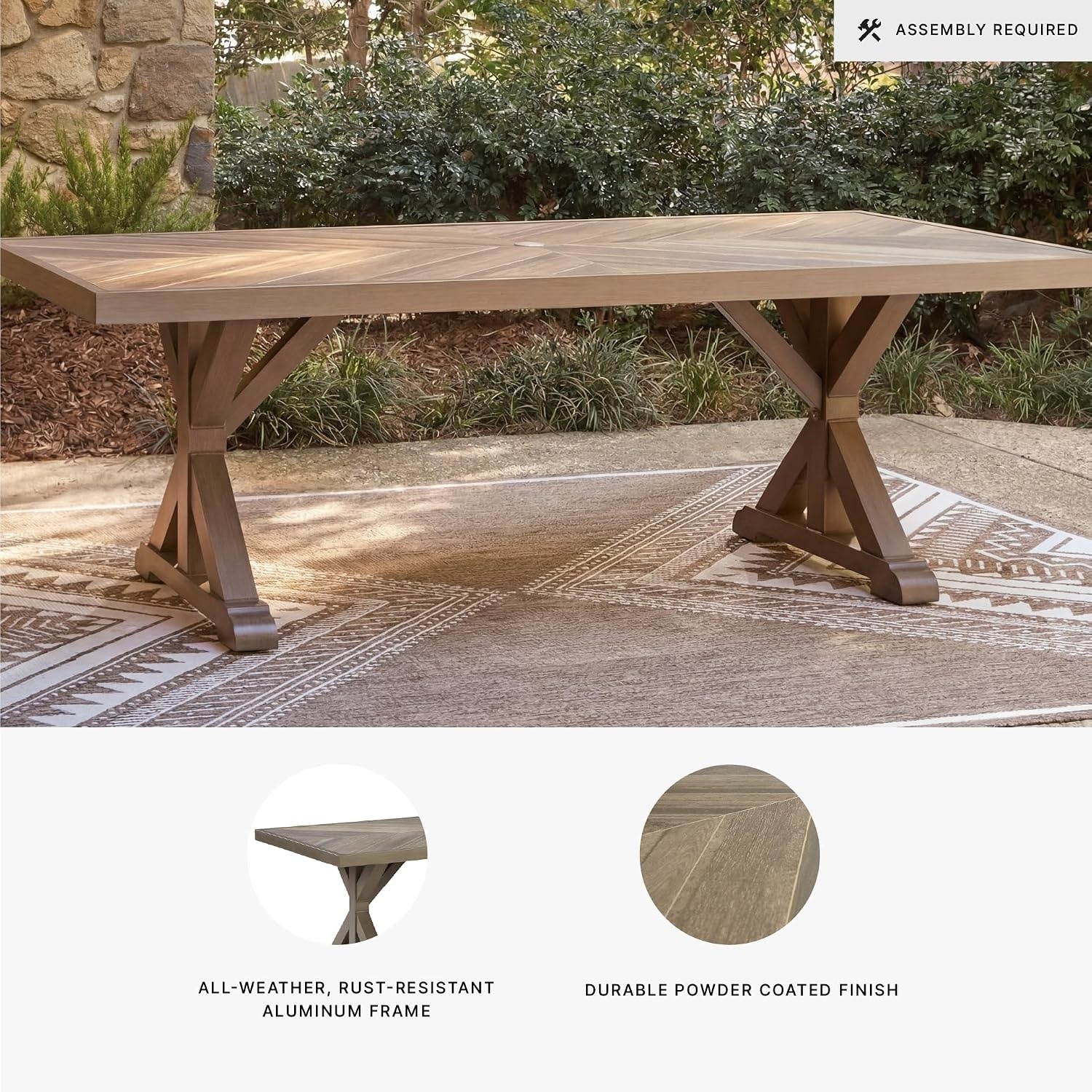 image:imageSignature Design by Ashley Carmel Bay Casual Weather and Rust Resistant Outdoor Dining Table with Porcelain Tabletop and Umbrella Hole Grayish Brown