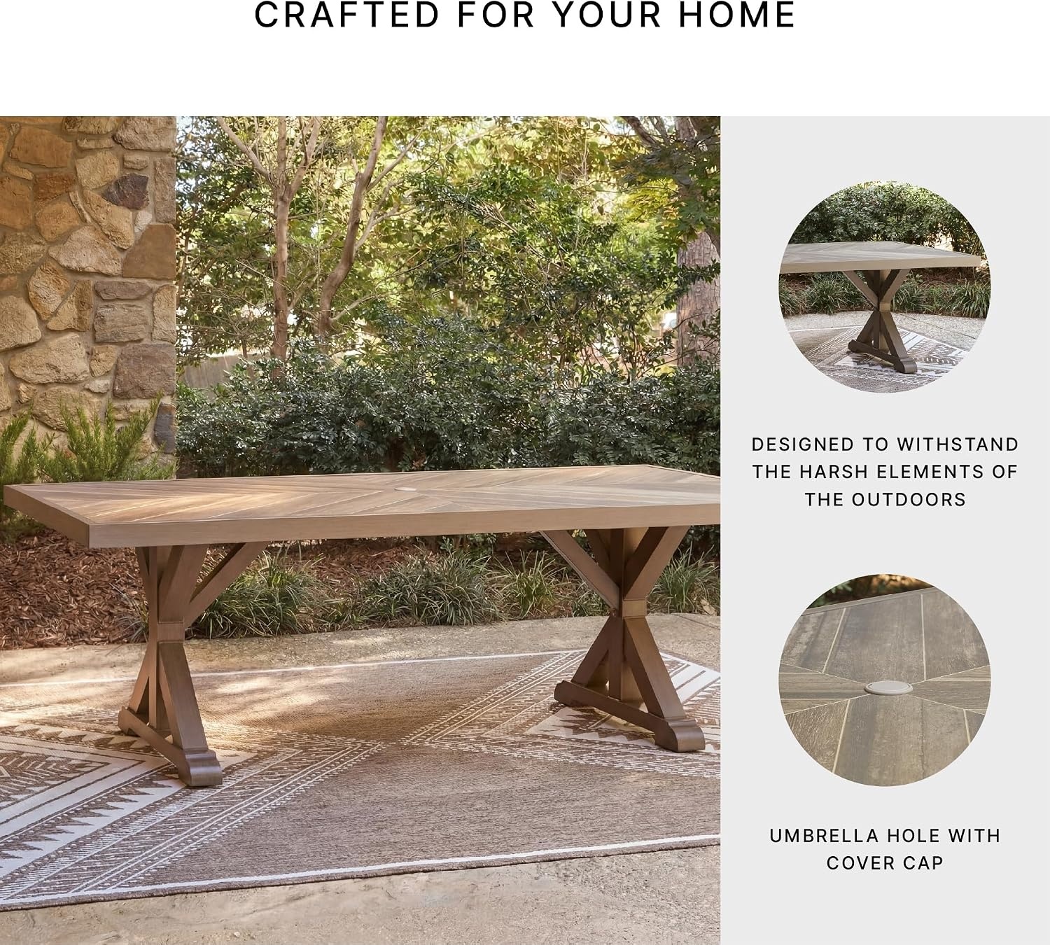 image:imageSignature Design by Ashley Carmel Bay Casual Weather and Rust Resistant Outdoor Dining Table with Porcelain Tabletop and Umbrella Hole Grayish Brown